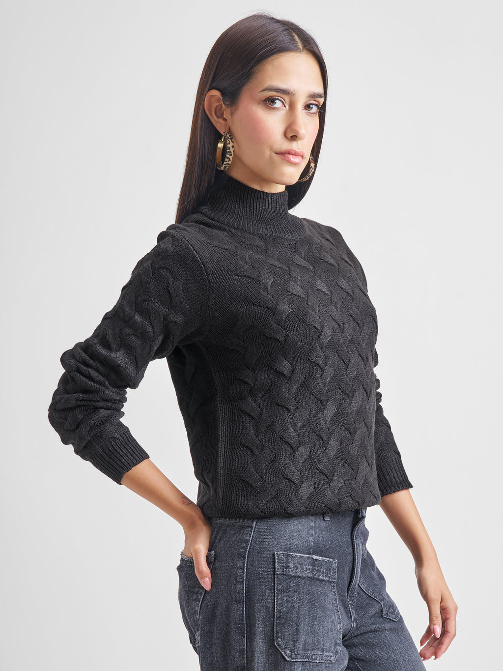 Tokyo Talkies Women Black High Neck Sweater - Black - Image 6