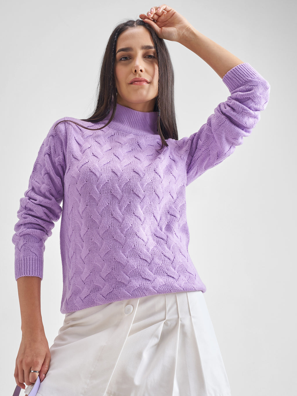Tokyo Talkies Women Lavender High Neck Sweater - Lavender - Image 1
