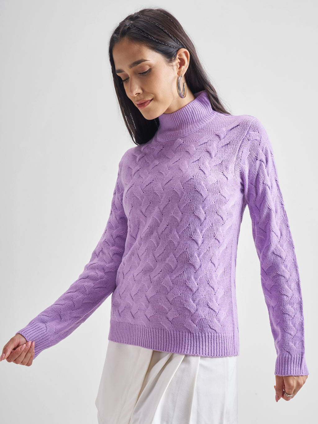 Tokyo Talkies Women Lavender High Neck Sweater - Lavender - Image 4
