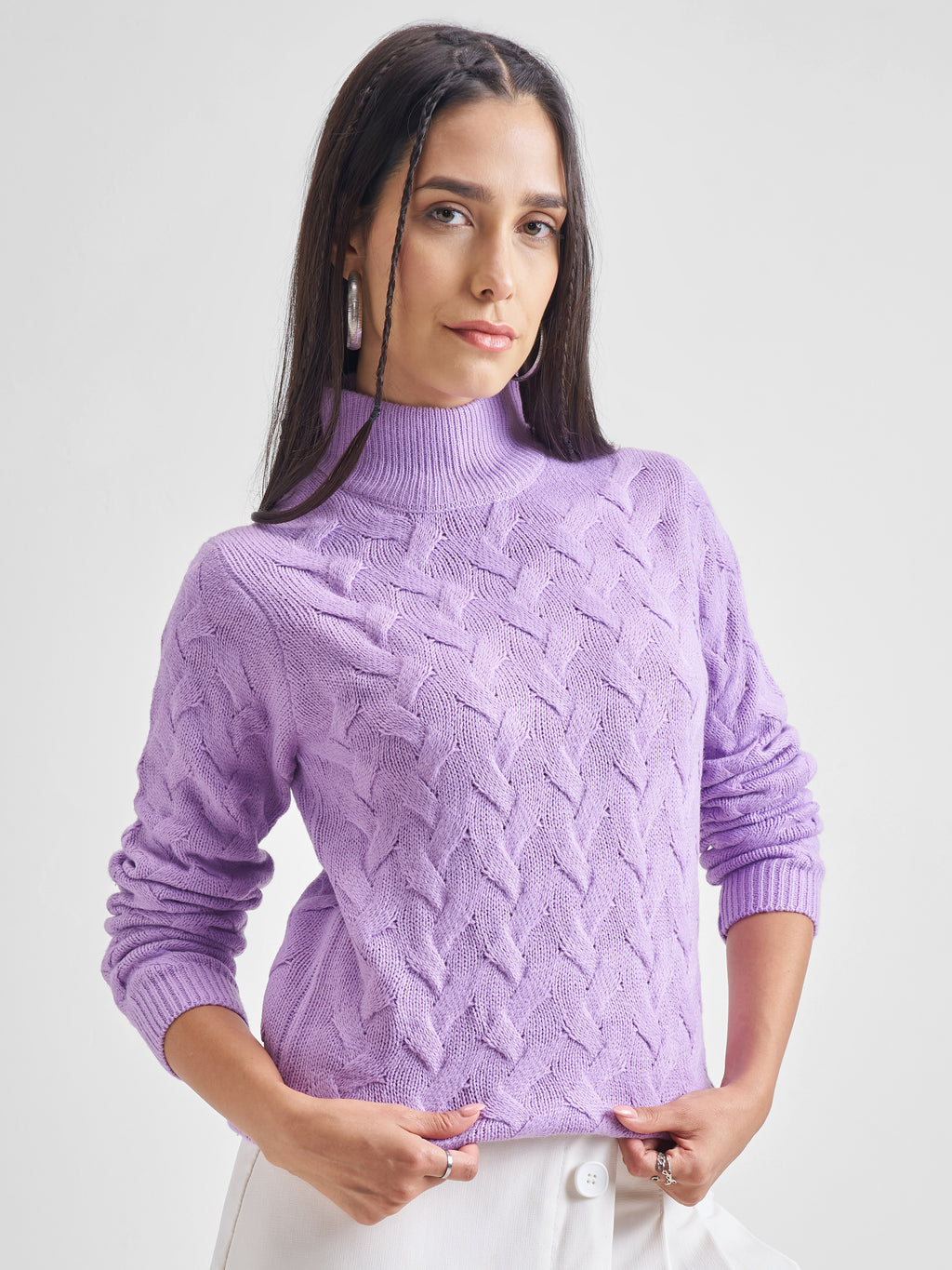 Tokyo Talkies Women Lavender High Neck Sweater - Lavender - Image 6