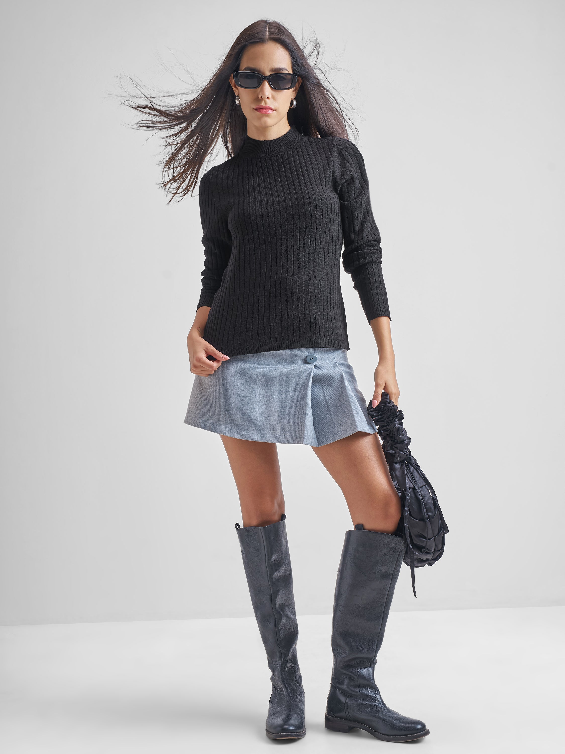 Tokyo Talkies Women Black High Neck Sweater - Black - Image 2
