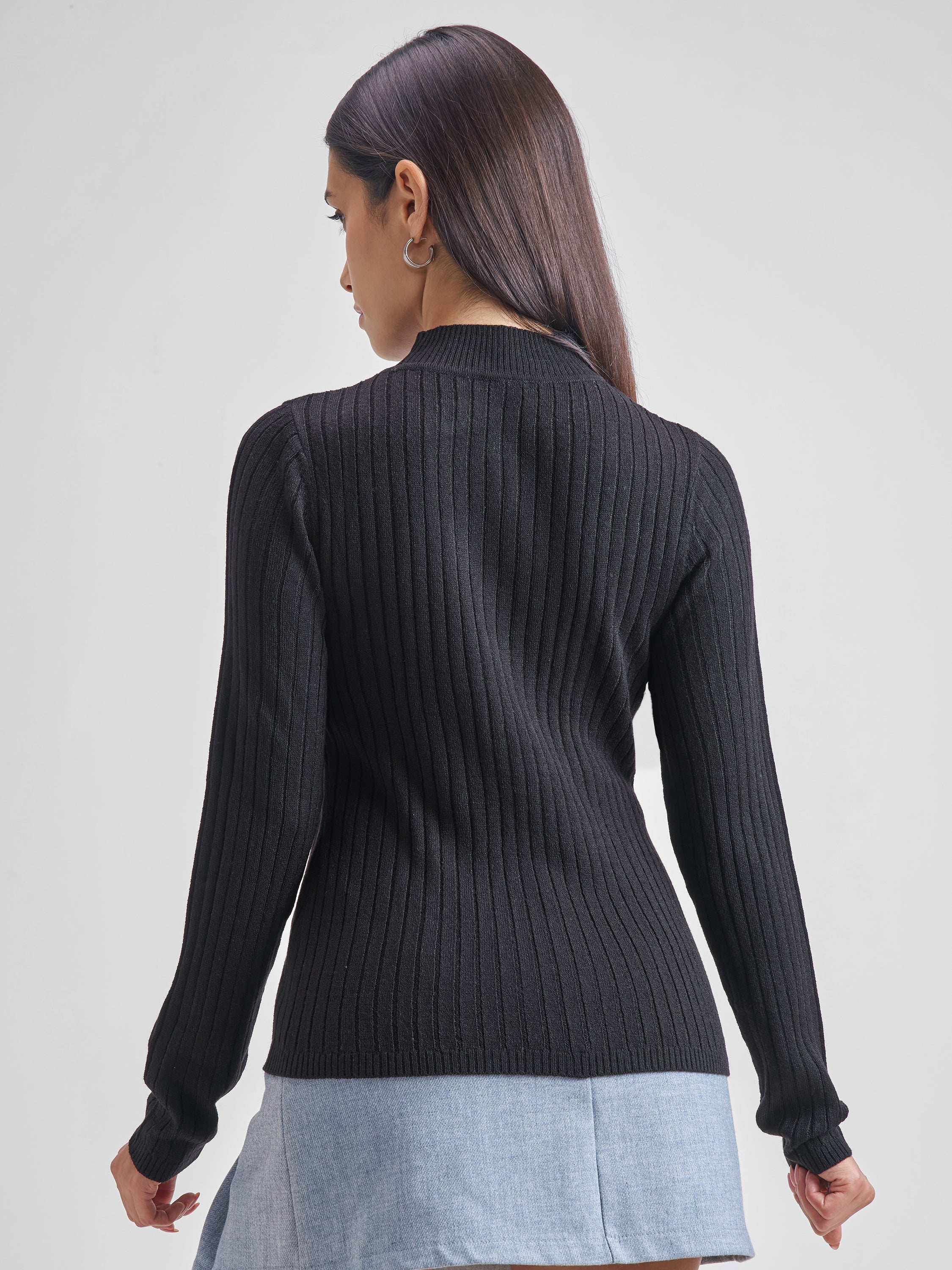 Tokyo Talkies Women Black High Neck Sweater - Black - Image 3