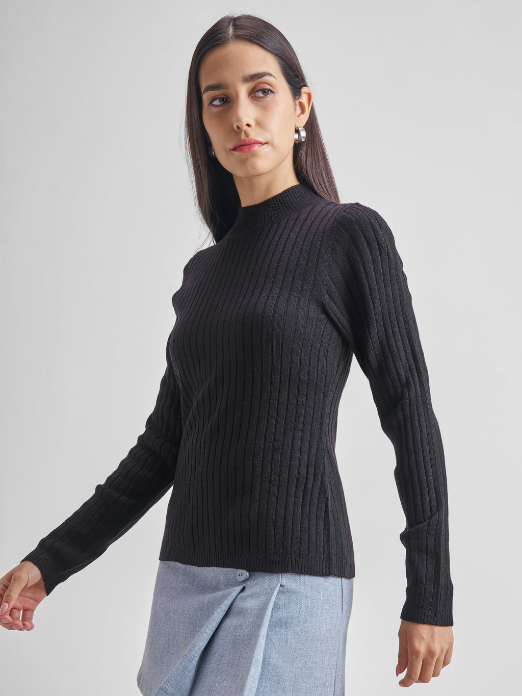 Tokyo Talkies Women Black High Neck Sweater - Black - Image 4