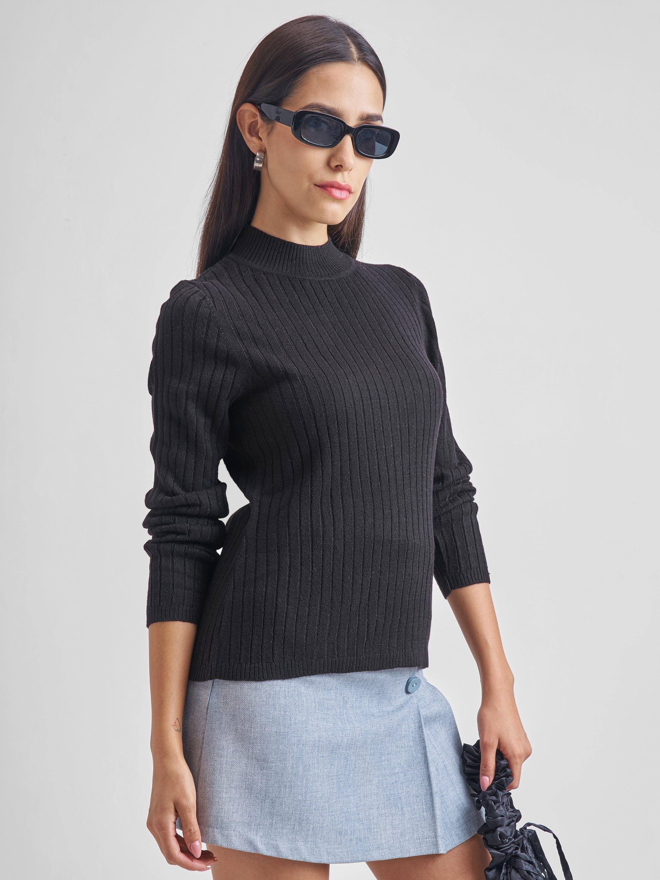 Tokyo Talkies Women Black High Neck Sweater - Black - Image 6