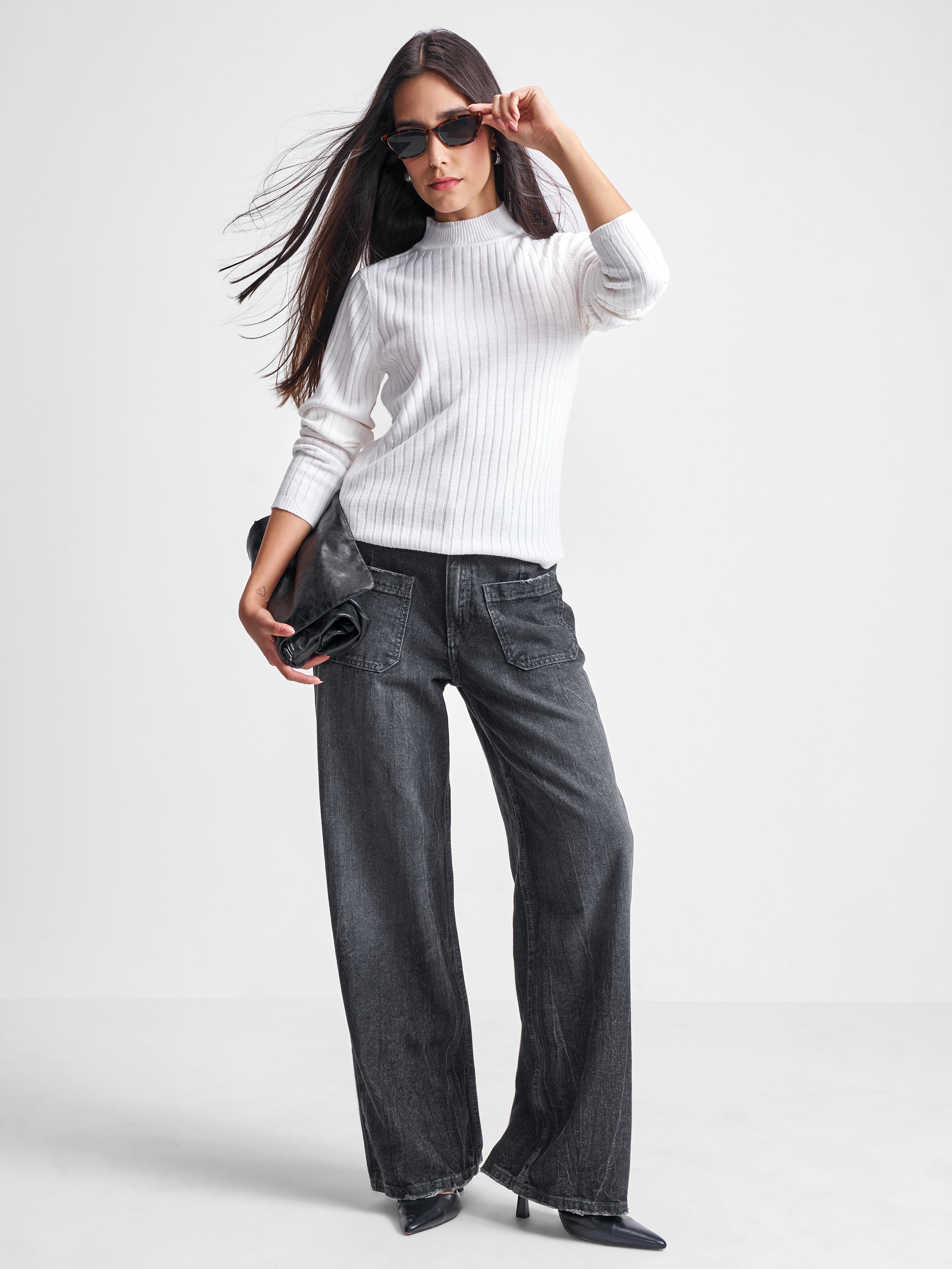 Tokyo Talkies Women White High Neck Sweater - White - Image 2