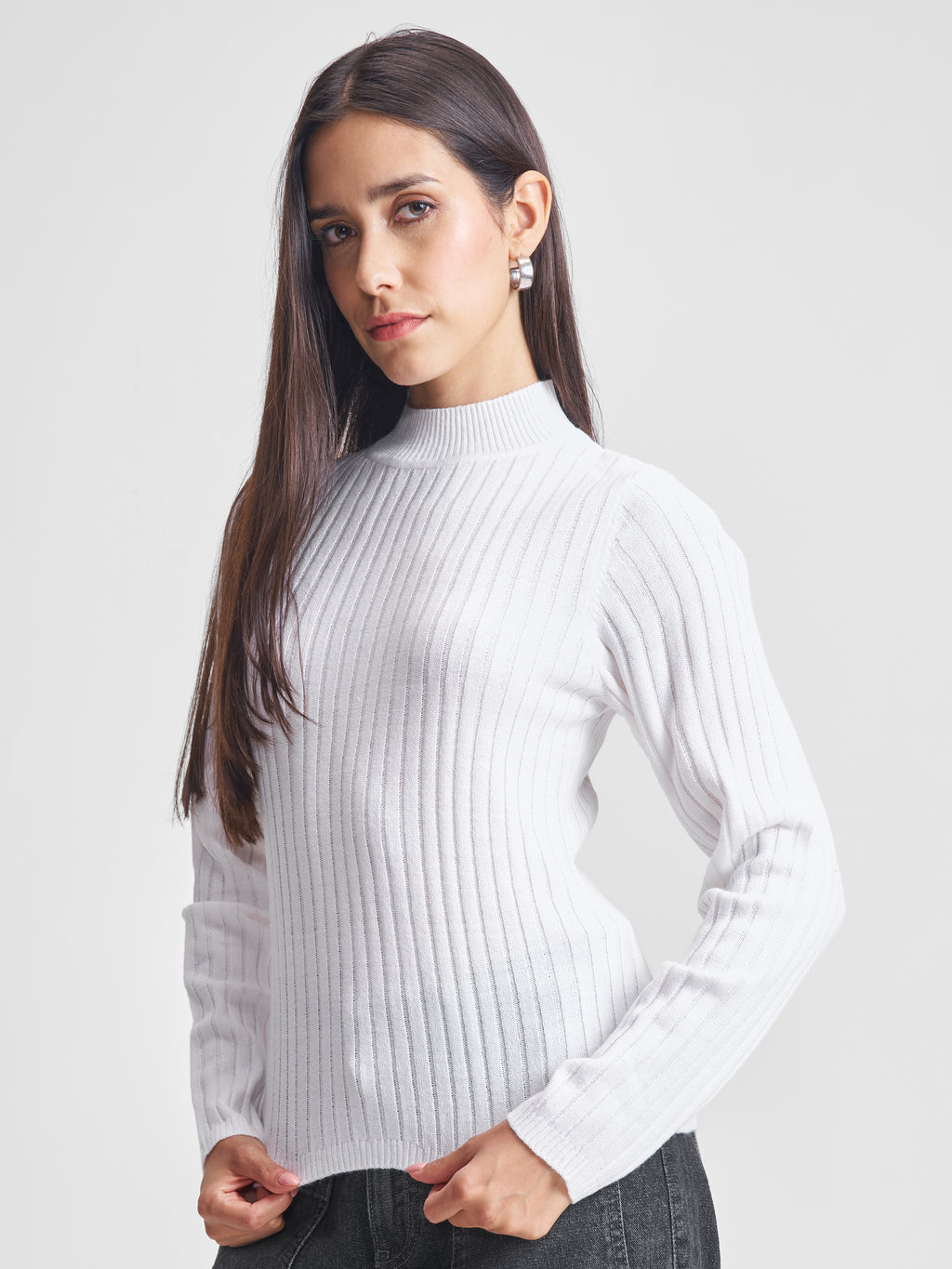 Tokyo Talkies Women White High Neck Sweater - White - Image 4
