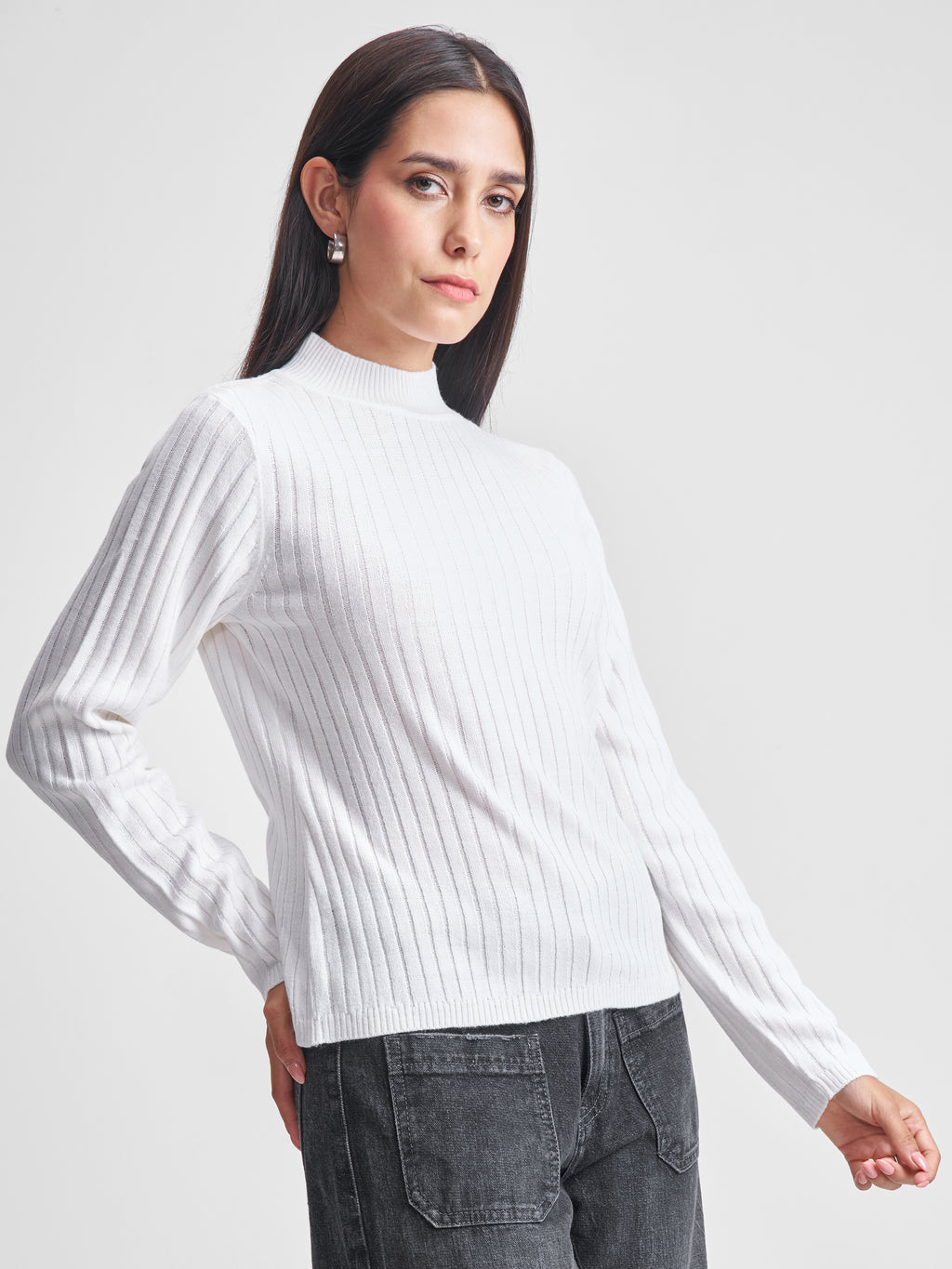 Tokyo Talkies Women White High Neck Sweater - White - Image 6
