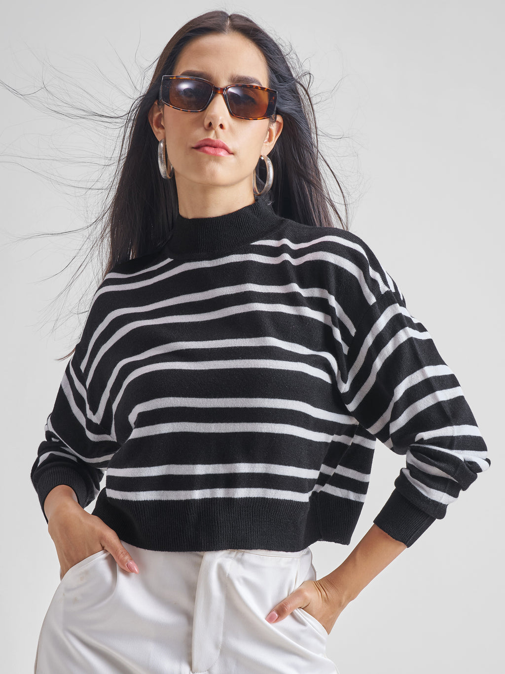 Tokyo Talkies Women Black High Neck Sweater - Black - Image 1