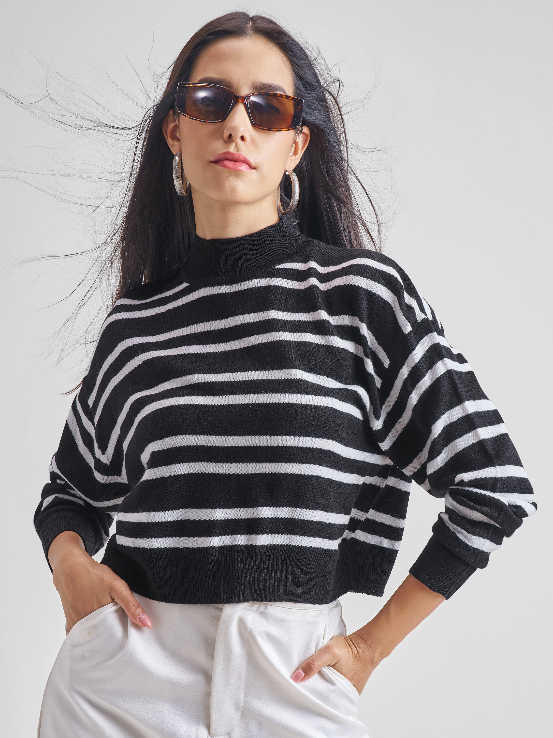 Tokyo Talkies Women Black High Neck Sweater - Black - Image 1