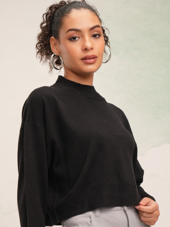 Tokyo Talkies Women Black High Neck Sweater - Black - Image 1