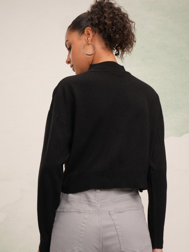 Tokyo Talkies Women Black High Neck Sweater - Black - Image 3
