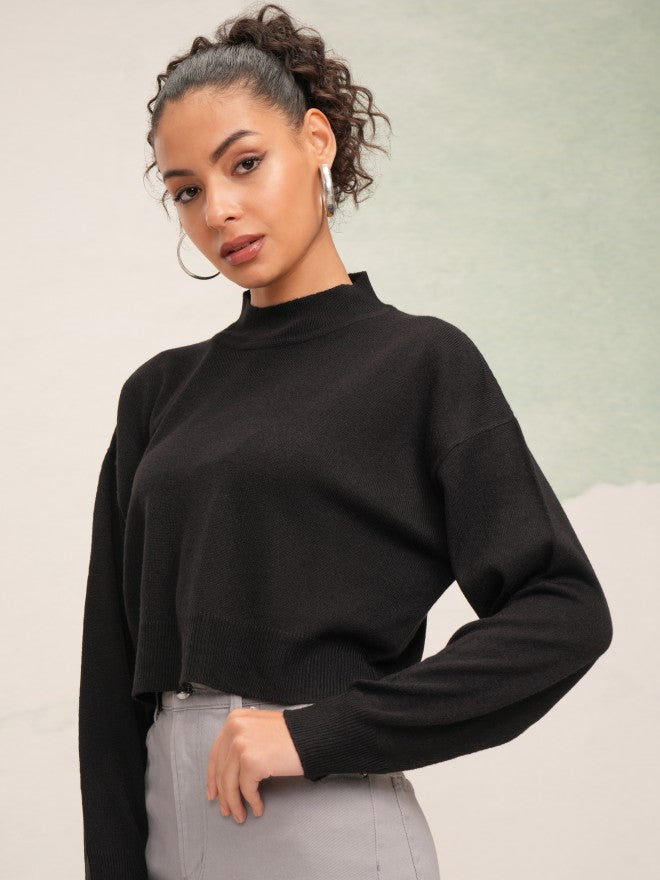 Tokyo Talkies Women Black High Neck Sweater - Black - Image 4