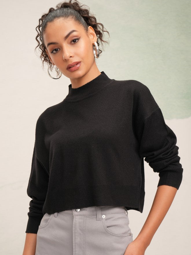 Tokyo Talkies Women Black High Neck Sweater - Black - Image 6