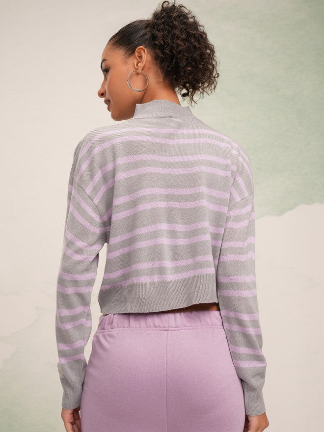 Tokyo Talkies Women Grey High Neck Sweater - Grey - Image 3