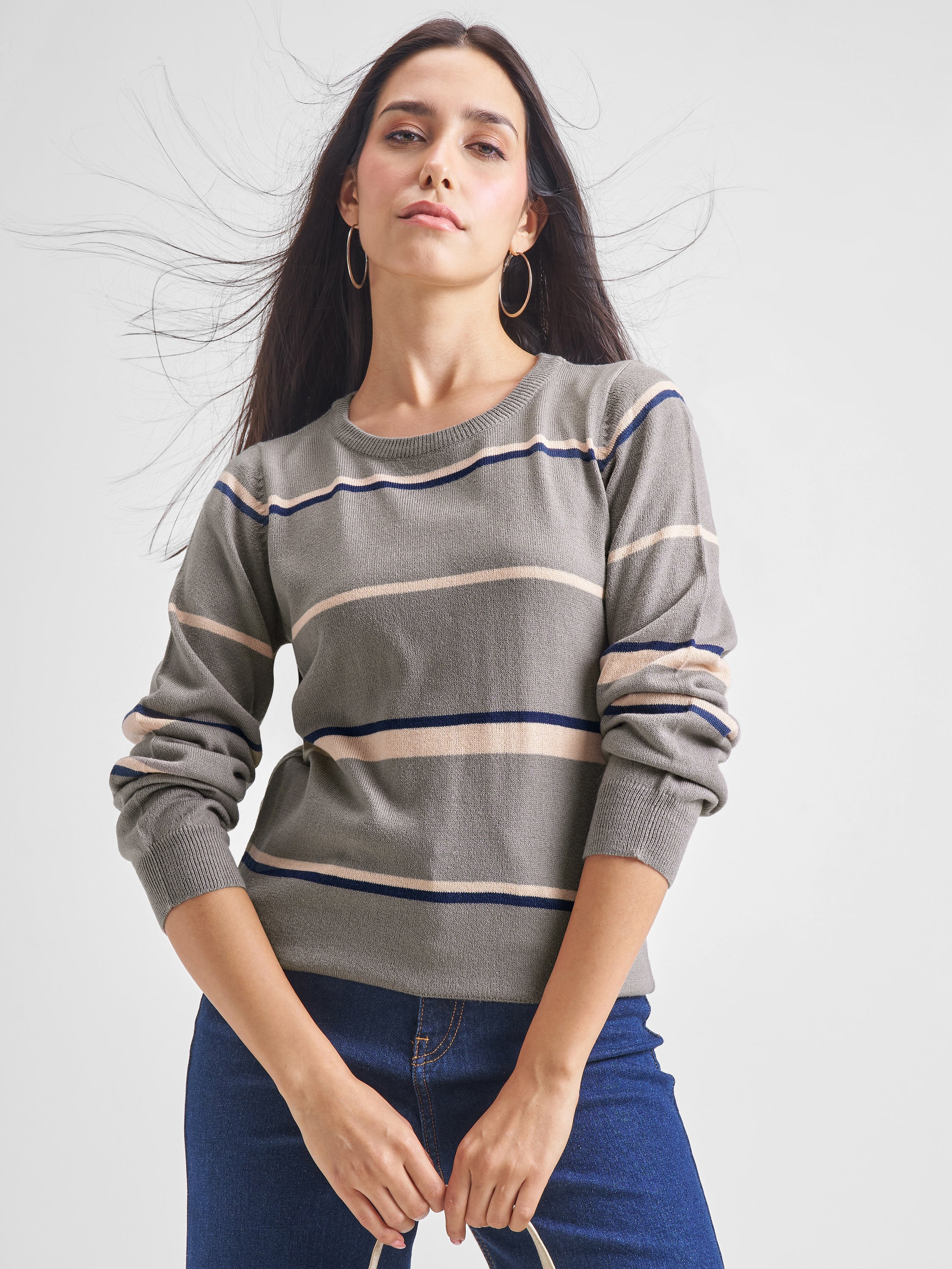 Tokyo Talkies Women Grey Round Neck Sweater - Grey - Image 1