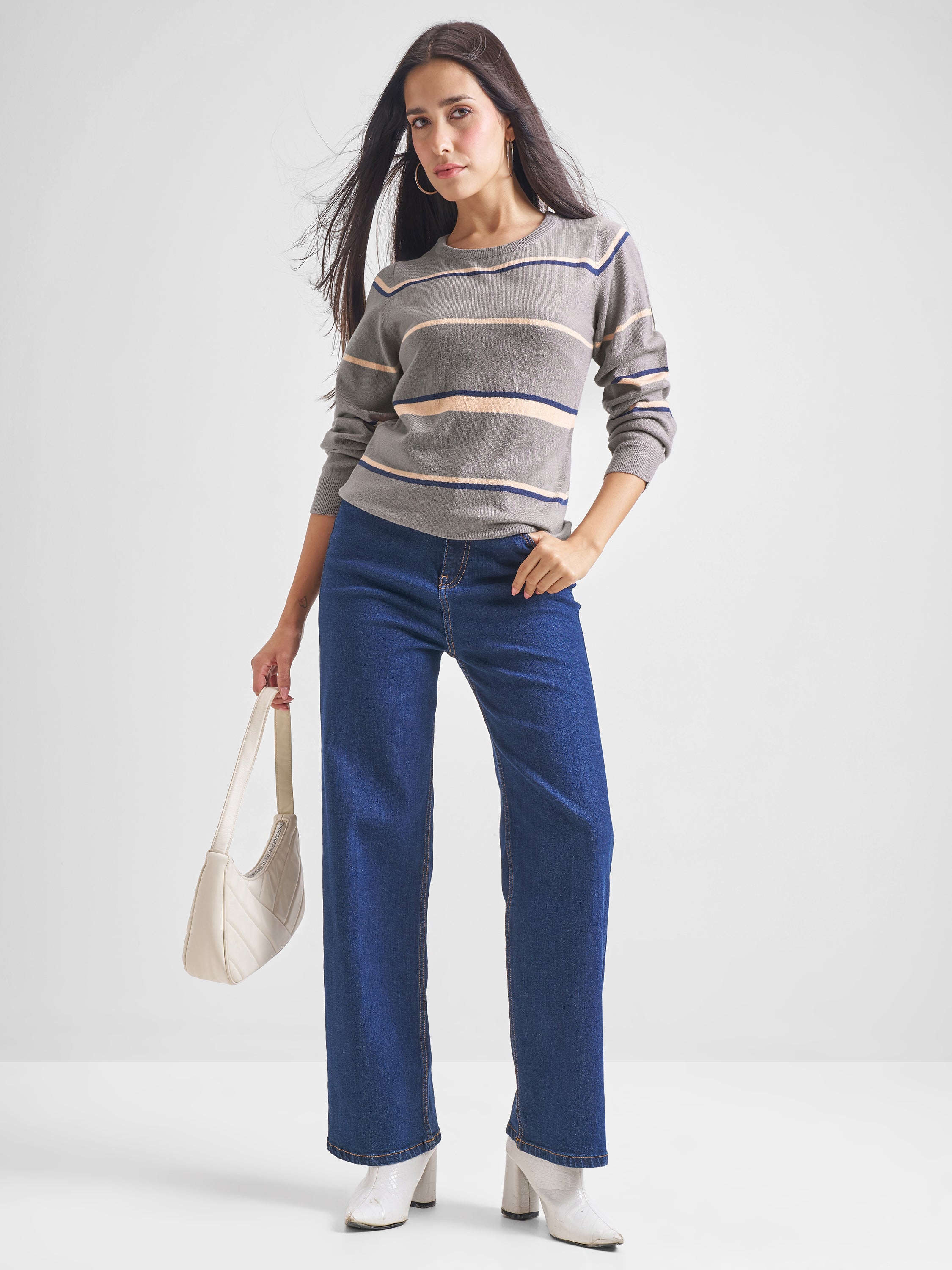 Tokyo Talkies Women Grey Round Neck Sweater - Grey - Image 2
