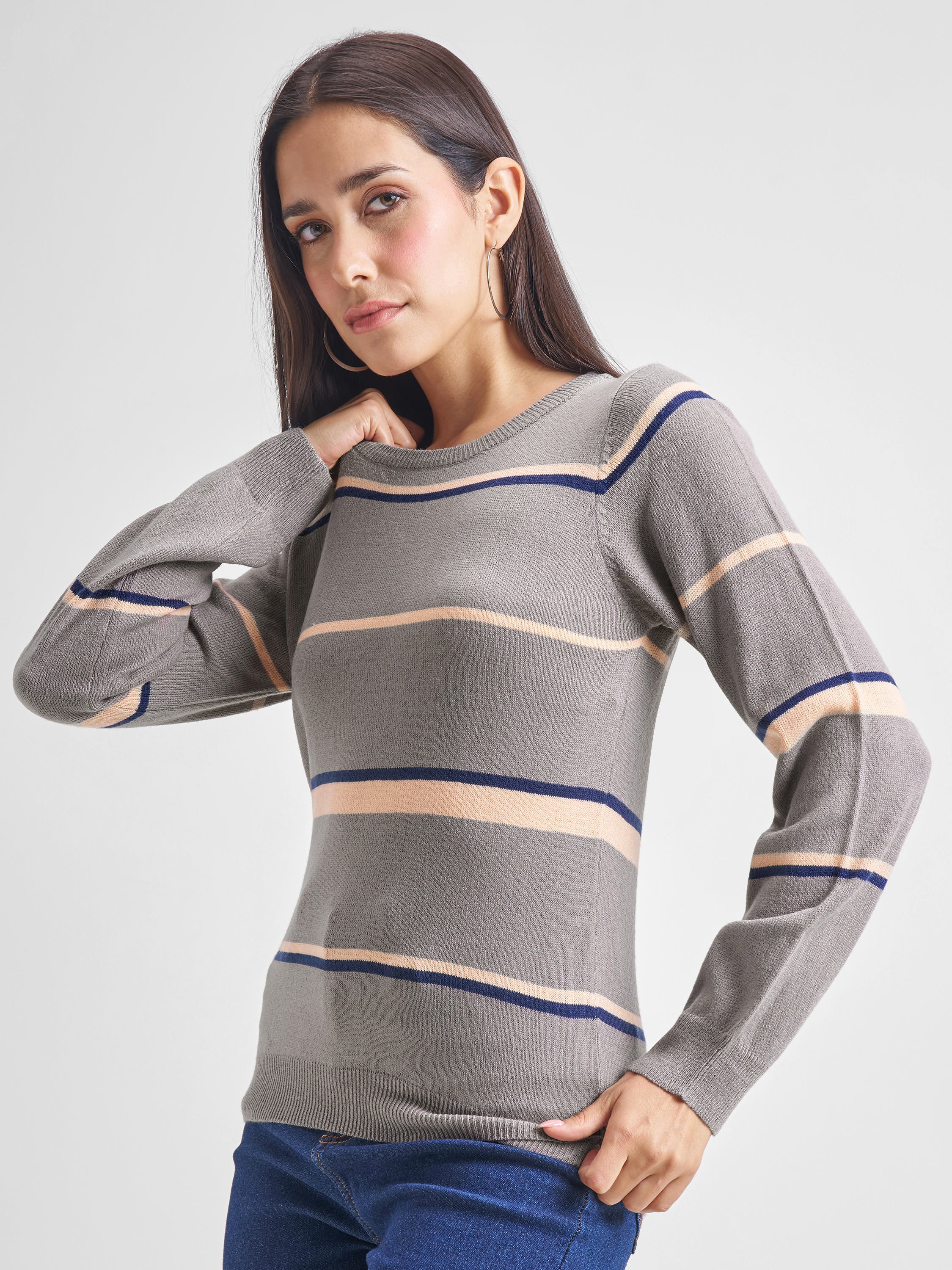 Tokyo Talkies Women Grey Round Neck Sweater - Grey - Image 4