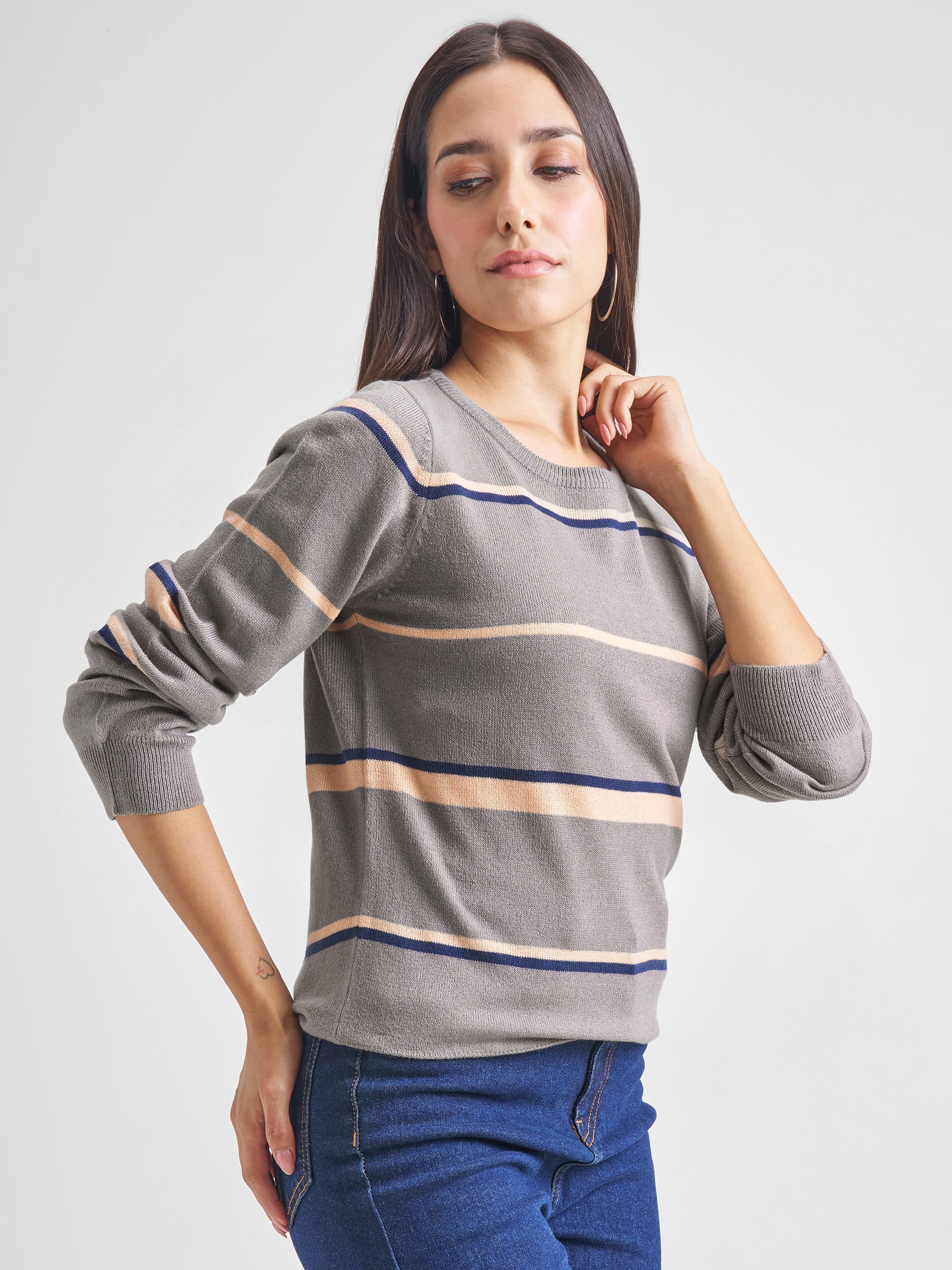 Tokyo Talkies Women Grey Round Neck Sweater - Grey - Image 6