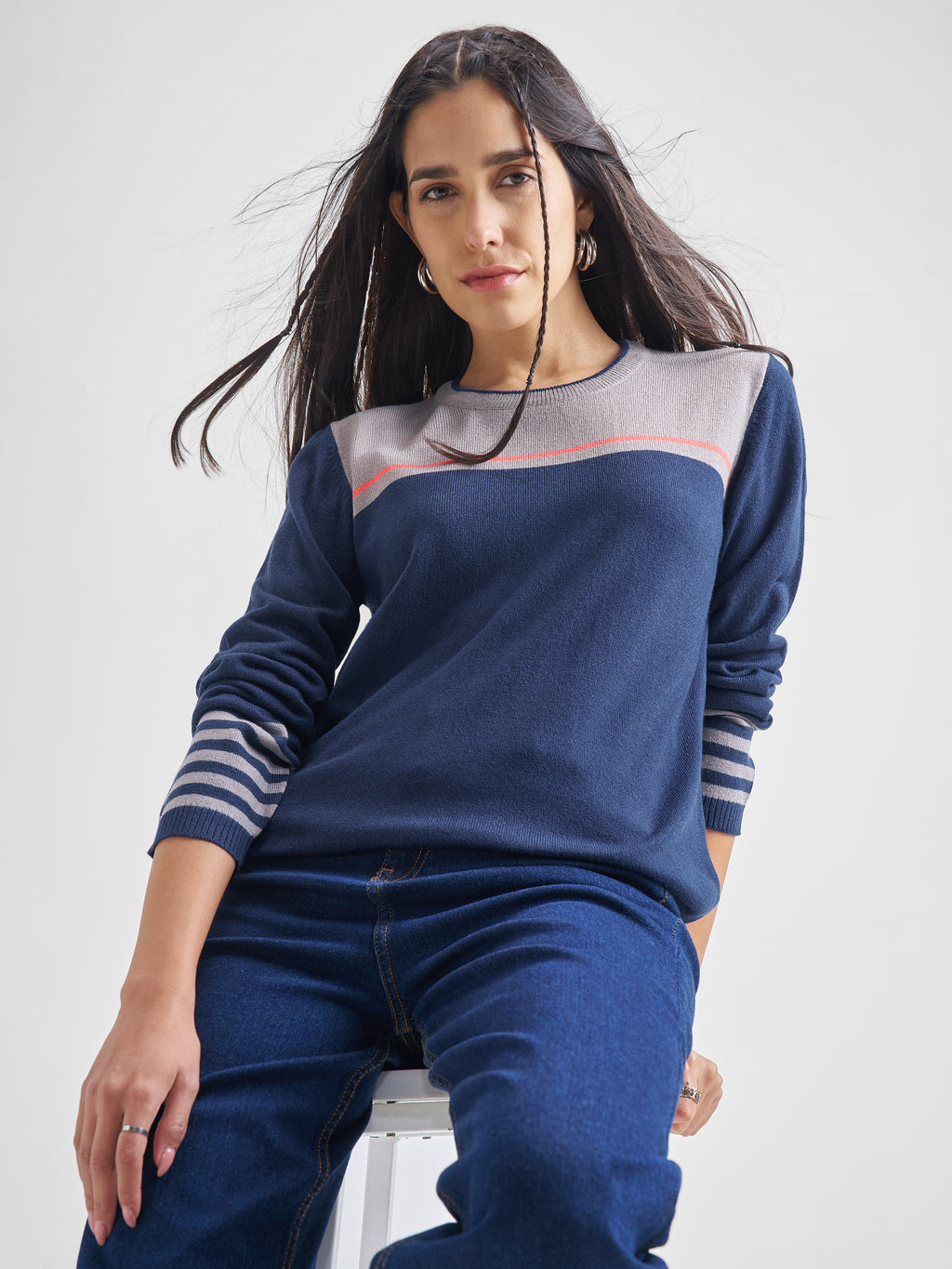 Tokyo Talkies Women Navy Blue Round Neck Sweater - Navy Blue - Image 1