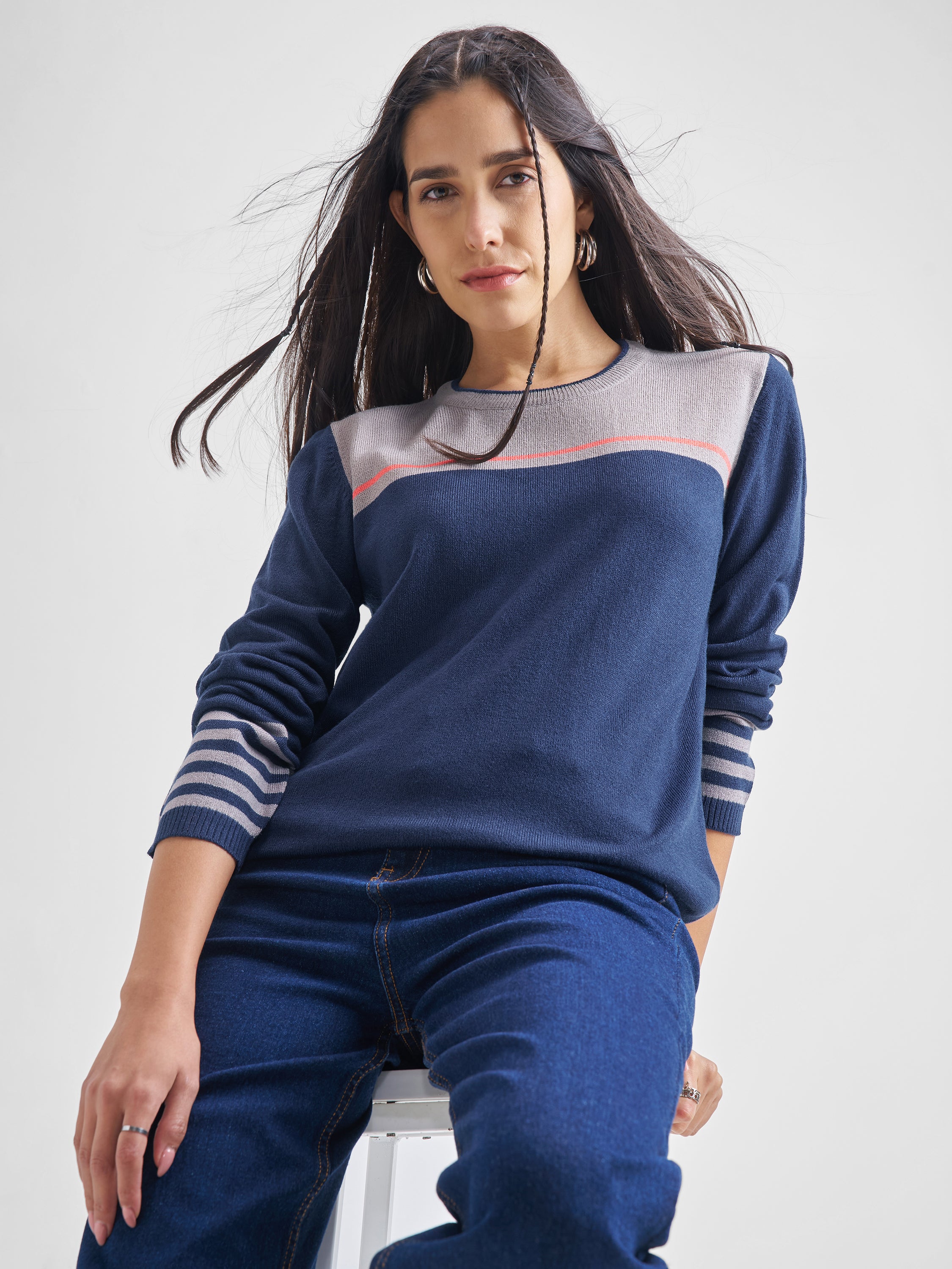 Tokyo Talkies Women Navy Blue Round Neck Sweater - Navy Blue - Image 1