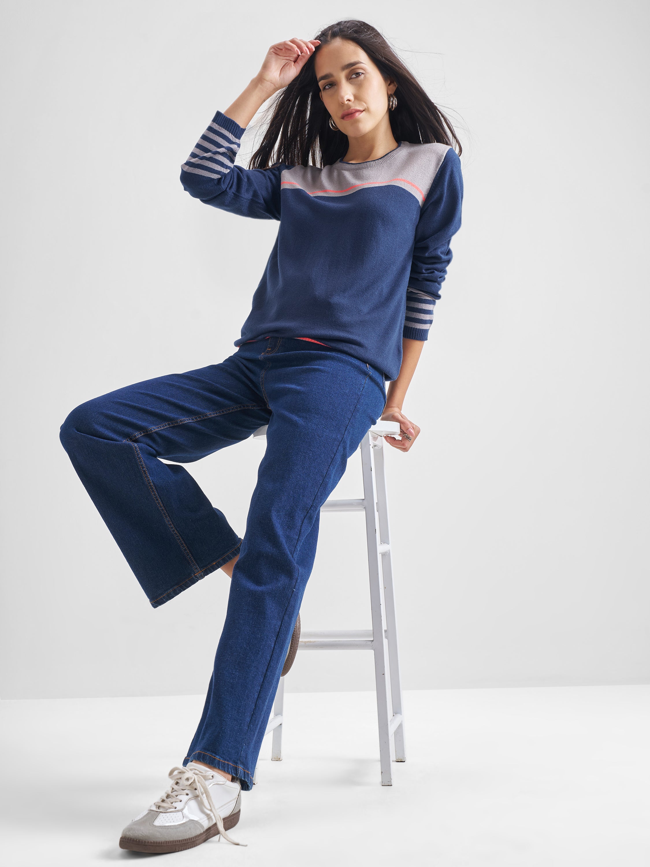 Tokyo Talkies Women Navy Blue Round Neck Sweater - Navy Blue - Image 2