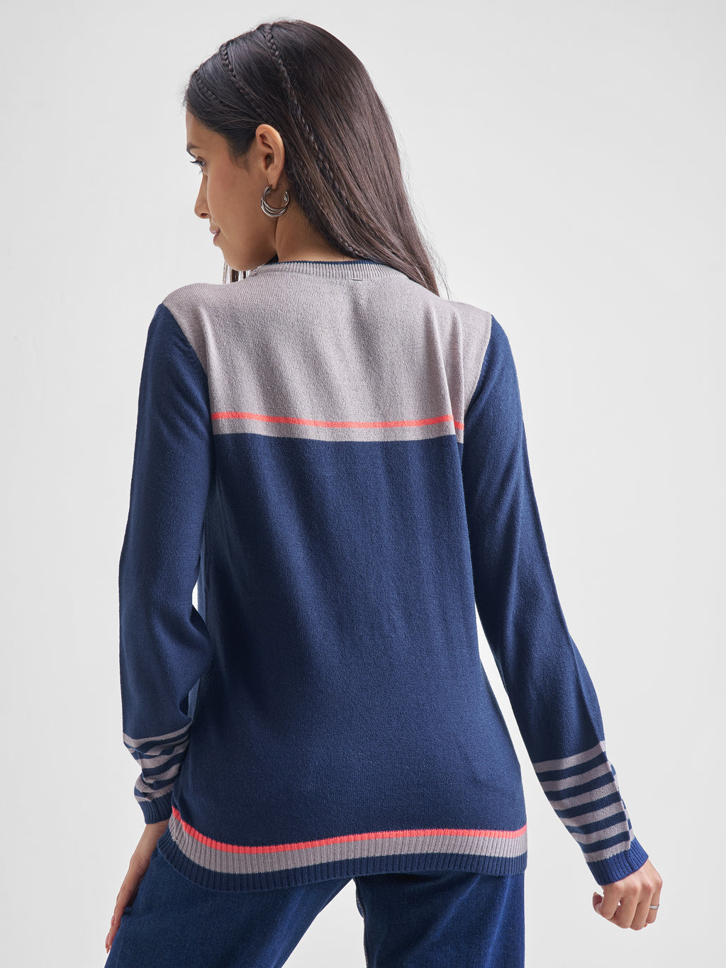 Tokyo Talkies Women Navy Blue Round Neck Sweater - Navy Blue - Image 3