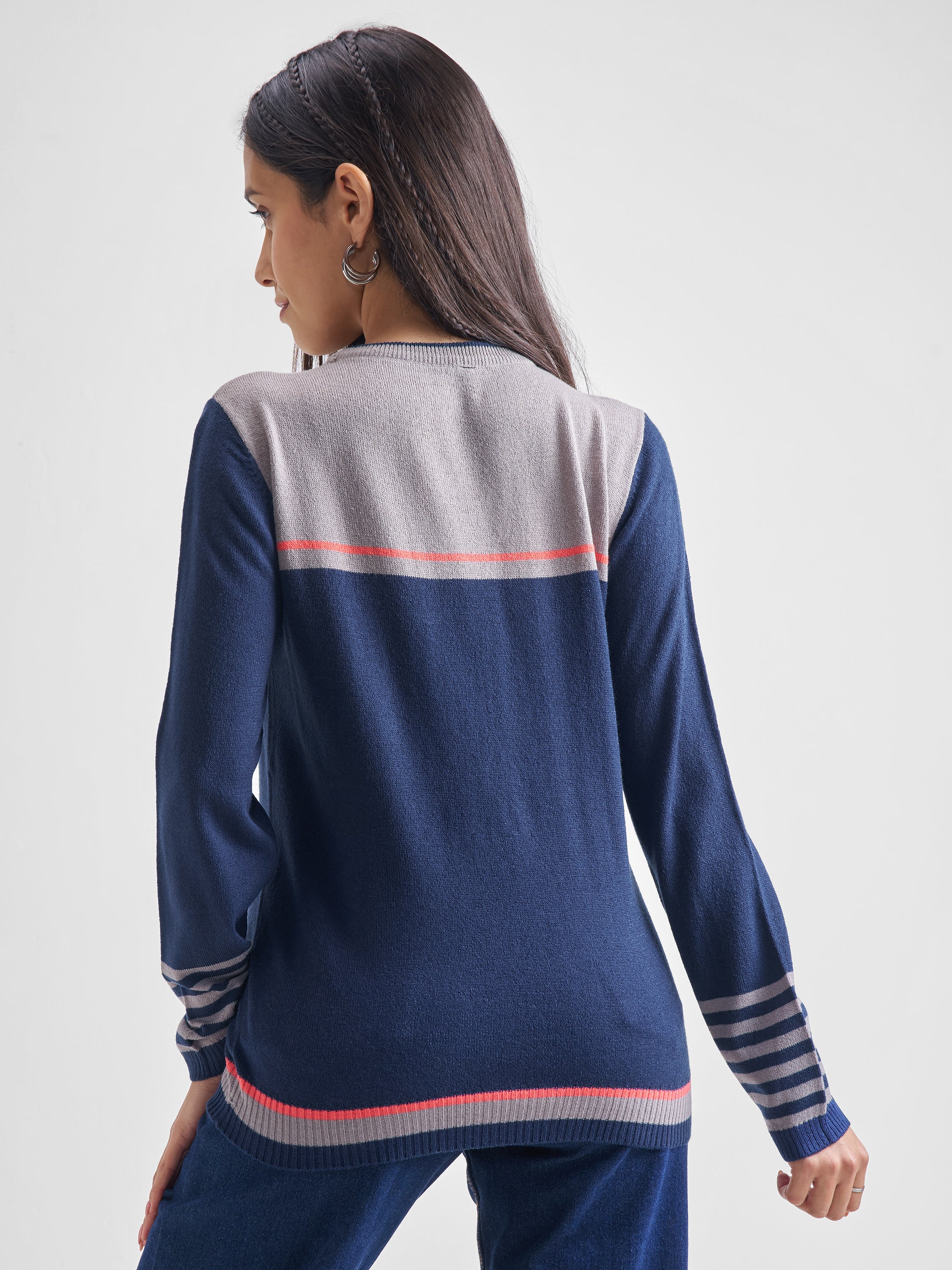 Tokyo Talkies Women Navy Blue Round Neck Sweater - Navy Blue - Image 3