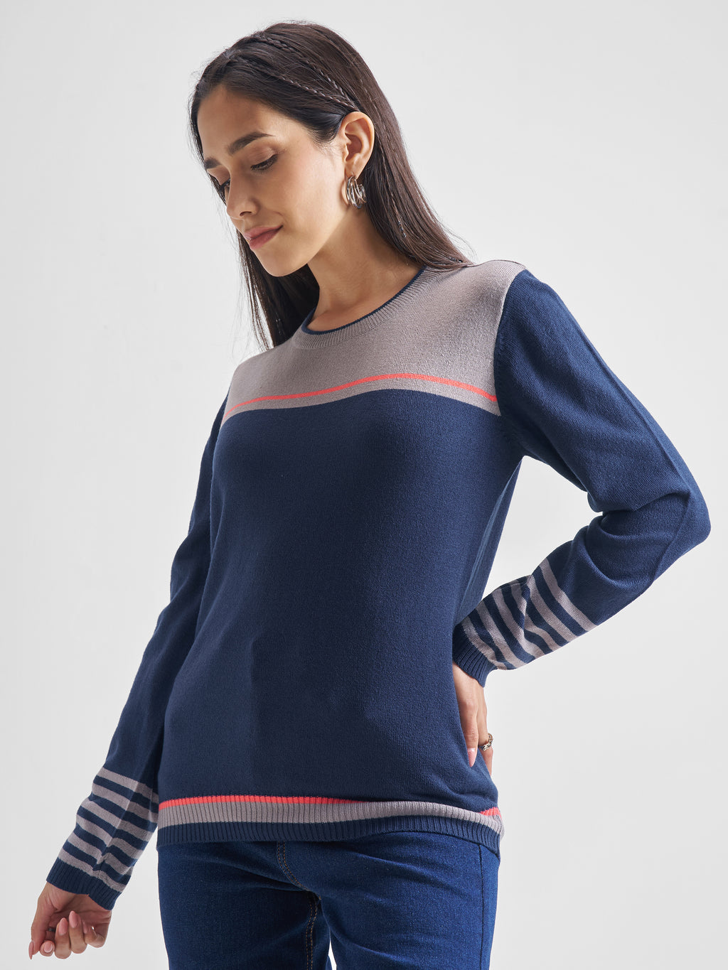 Tokyo Talkies Women Navy Blue Round Neck Sweater - Navy Blue - Image 4