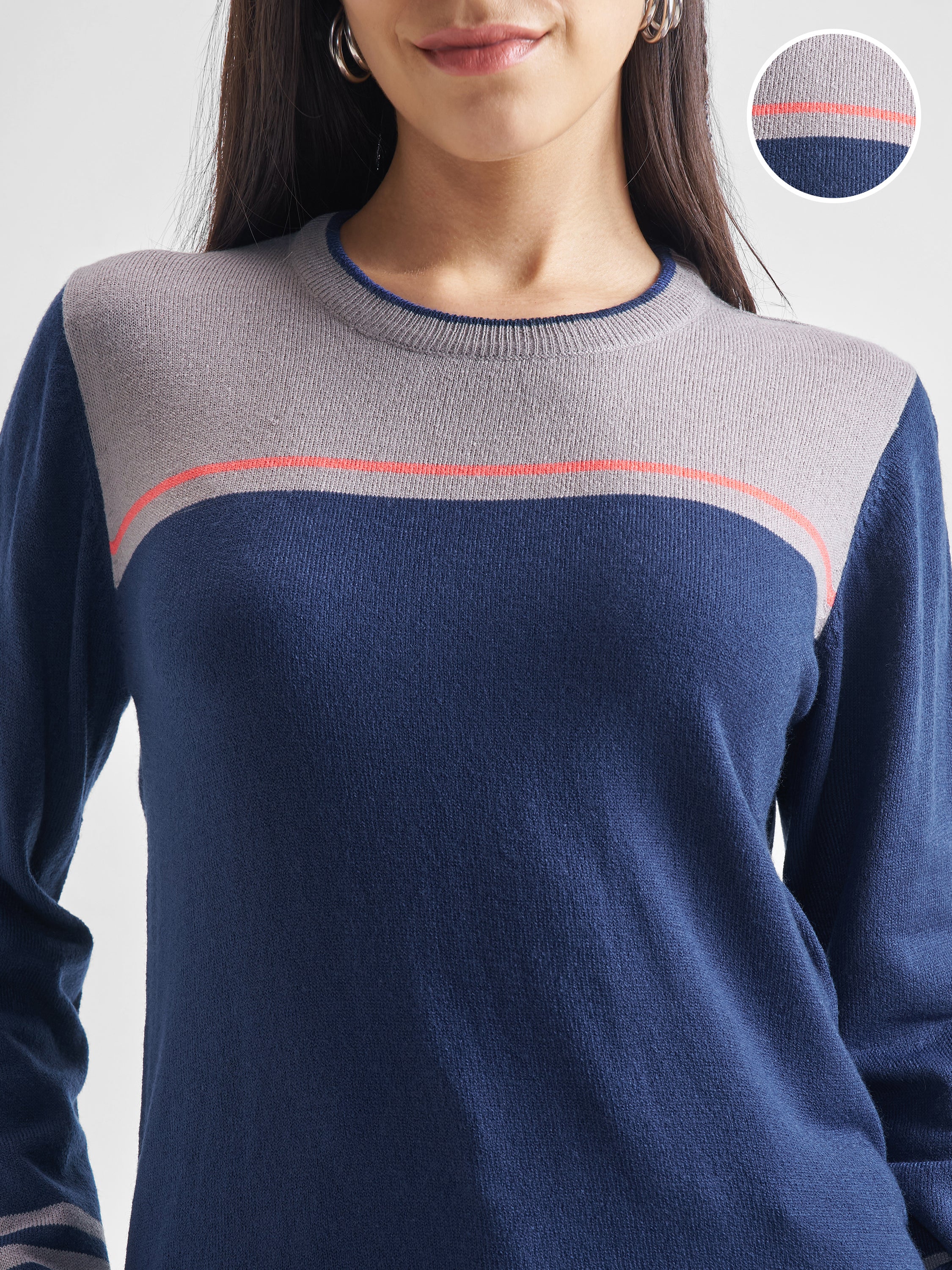 Tokyo Talkies Women Navy Blue Round Neck Sweater - Navy Blue - Image 5