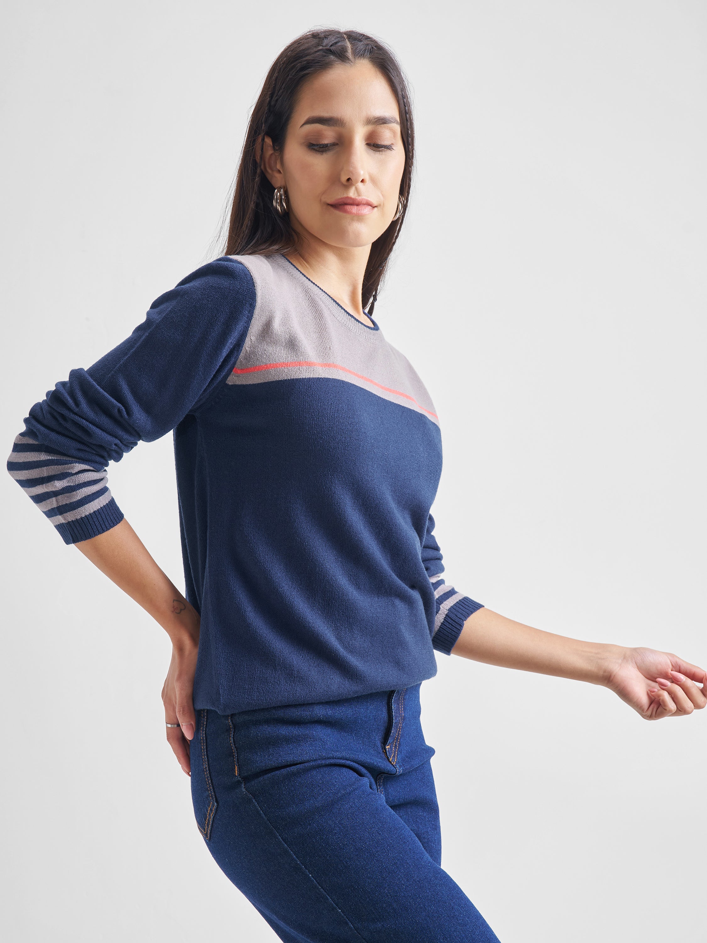 Tokyo Talkies Women Navy Blue Round Neck Sweater - Navy Blue - Image 6