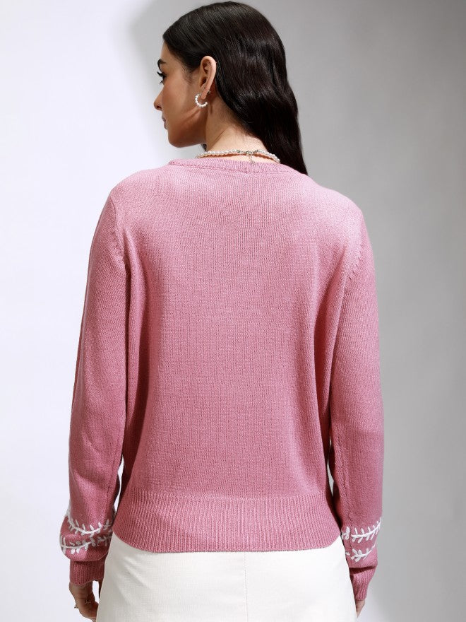 Tokyo Talkies Women Pink Round Neck Sweater - Pink - Image 3
