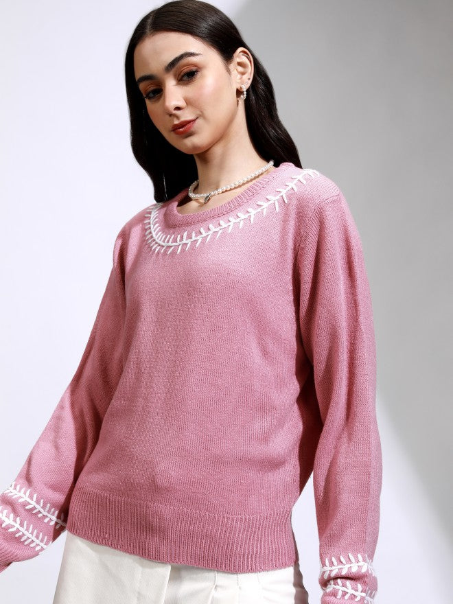Tokyo Talkies Women Pink Round Neck Sweater - Pink - Image 4