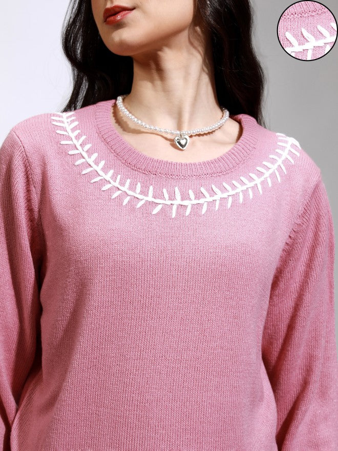 Tokyo Talkies Women Pink Round Neck Sweater - Pink - Image 5