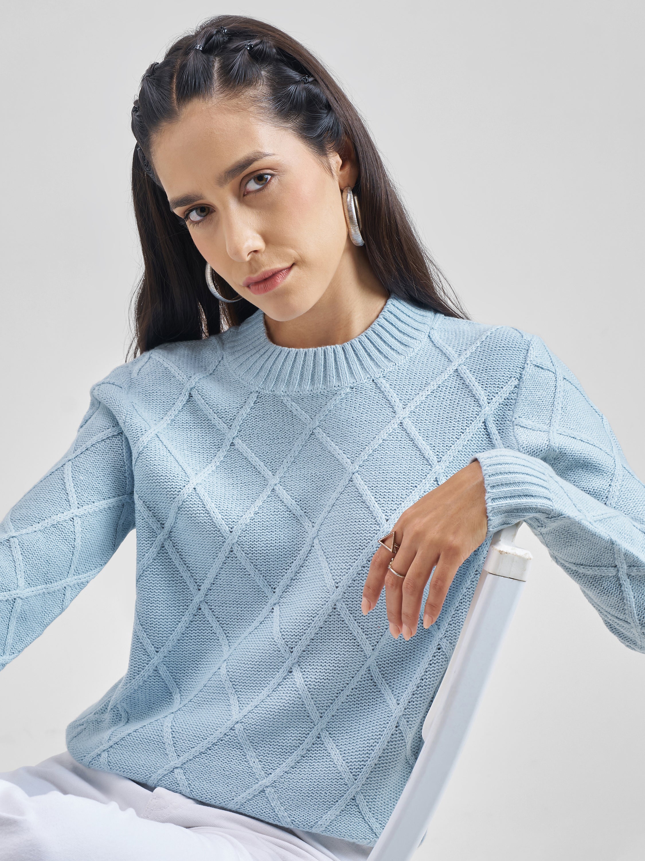 Tokyo Talkies Women Blue Round Neck Sweater - Blue - Image 1