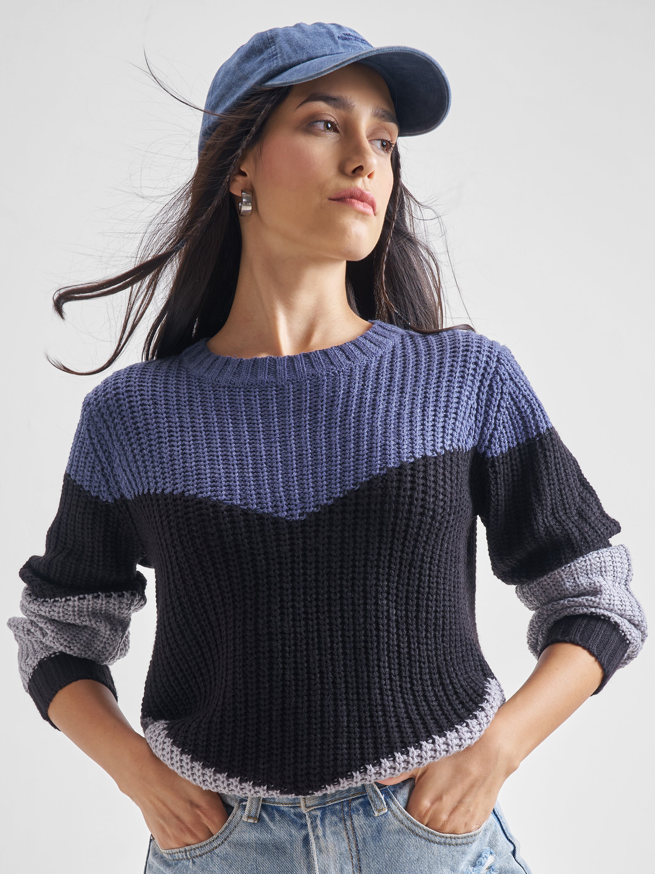 Tokyo Talkies Women Blue Round Neck Sweater - Blue - Image 1