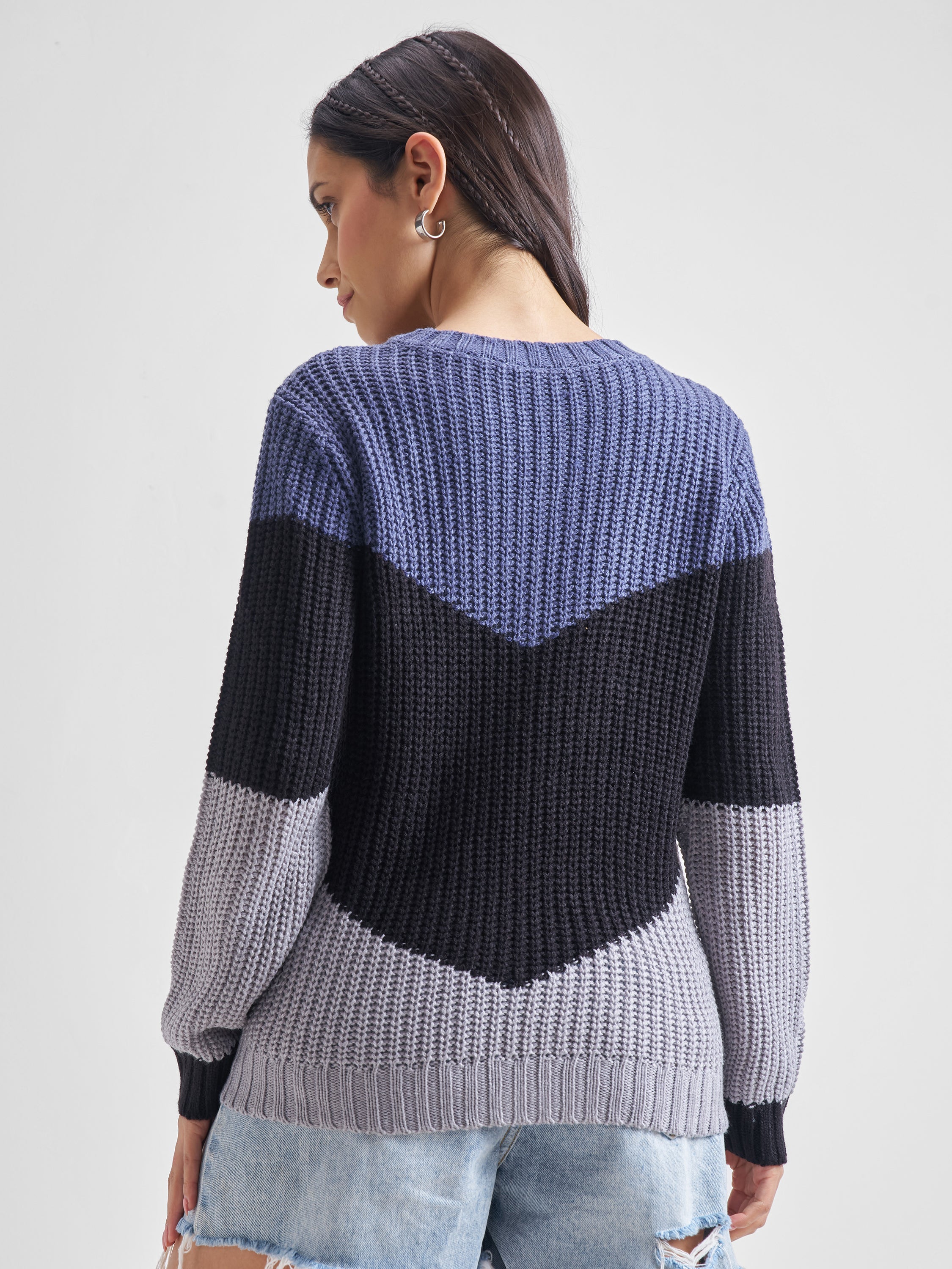 Tokyo Talkies Women Blue Round Neck Sweater - Blue - Image 3