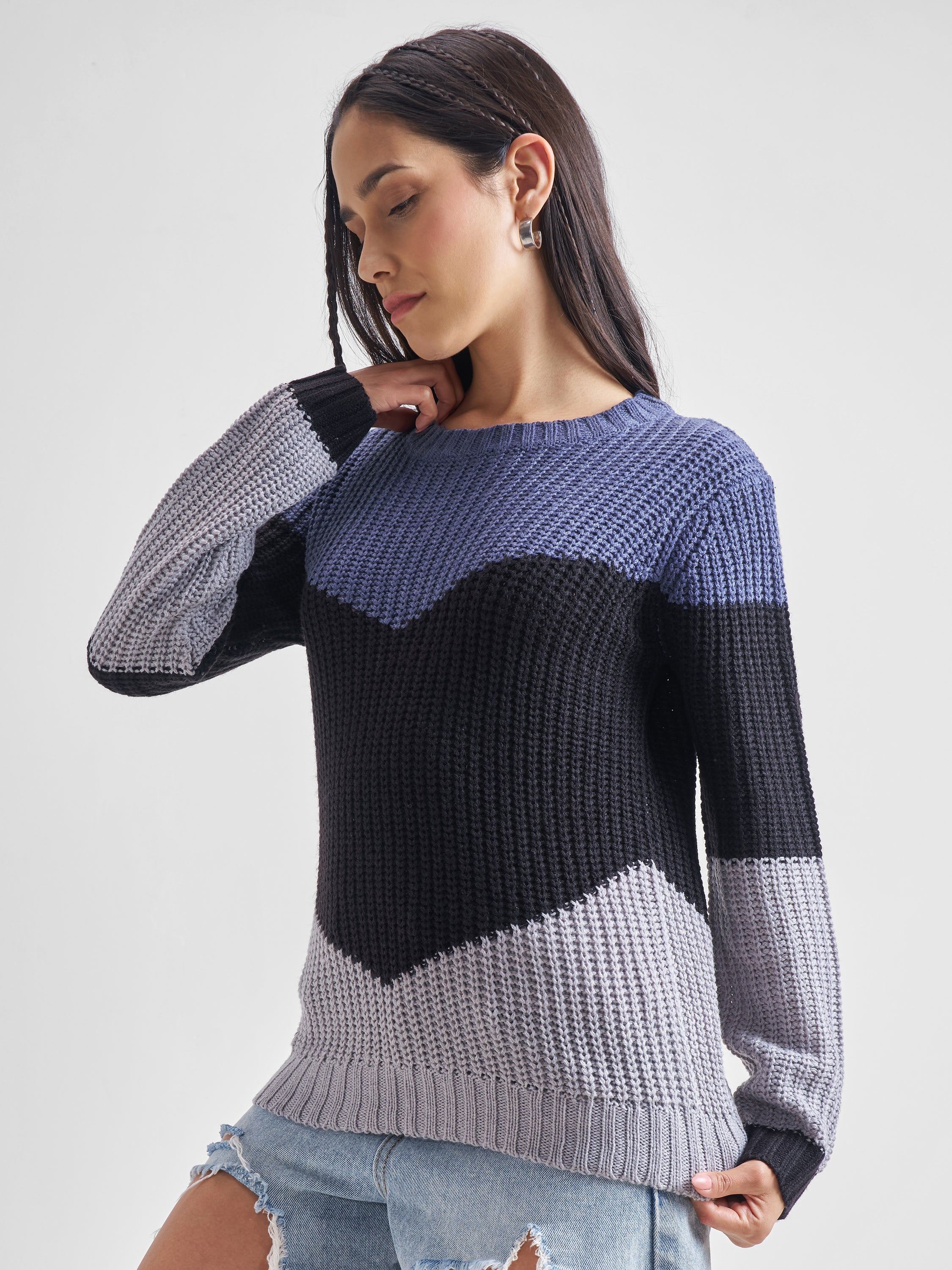 Tokyo Talkies Women Blue Round Neck Sweater - Blue - Image 4