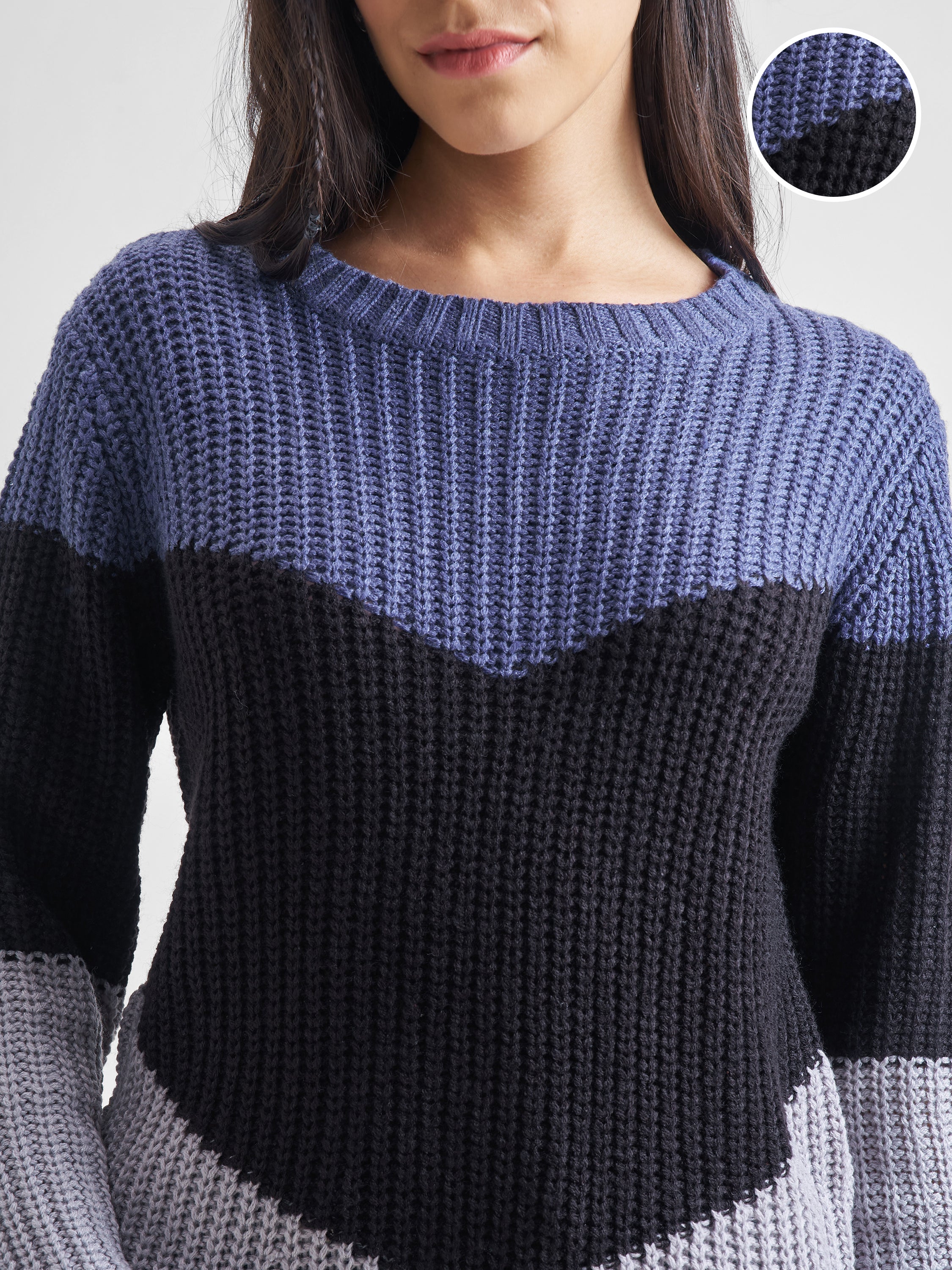 Tokyo Talkies Women Blue Round Neck Sweater - Blue - Image 5