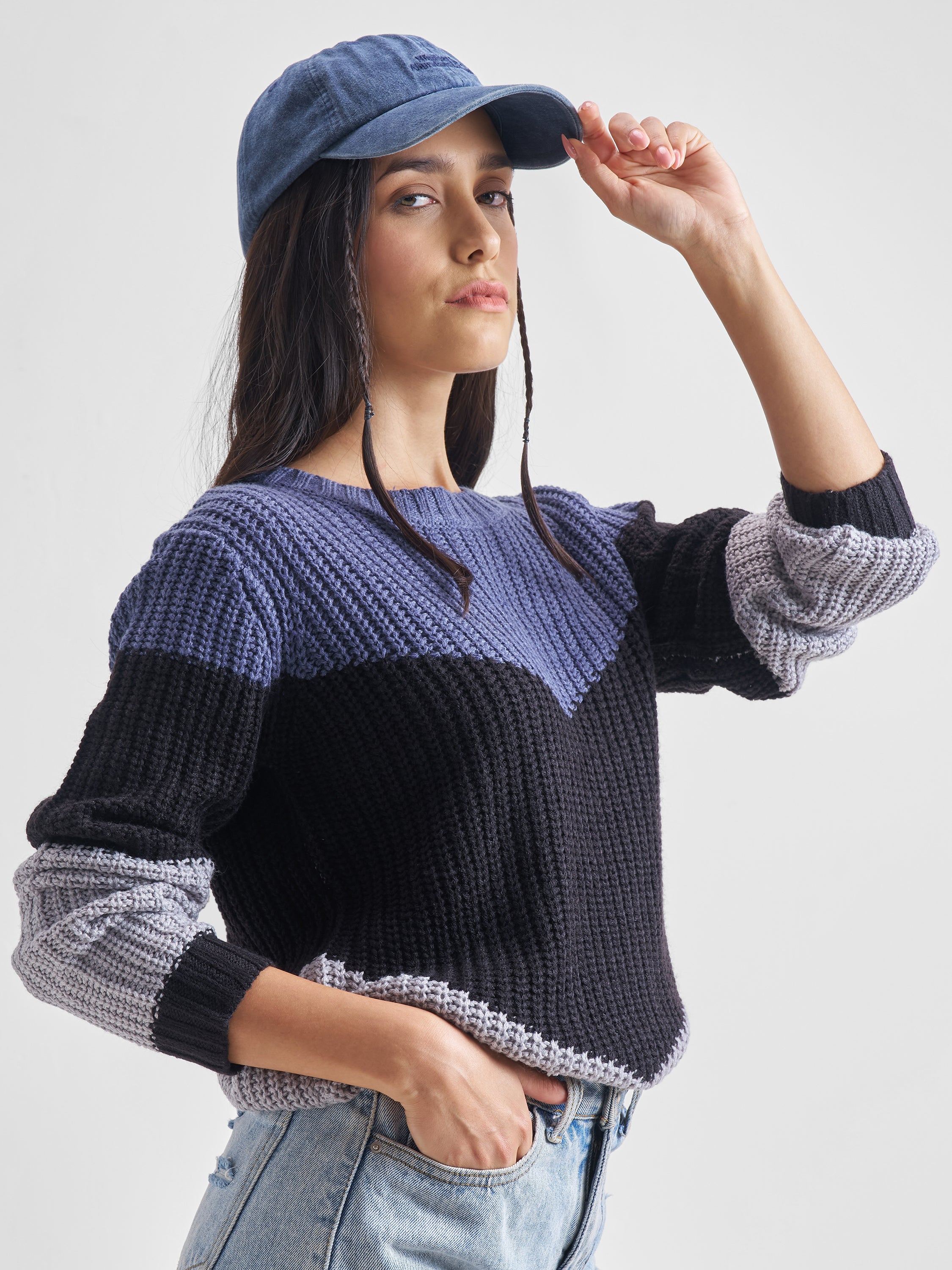 Tokyo Talkies Women Blue Round Neck Sweater - Blue - Image 6