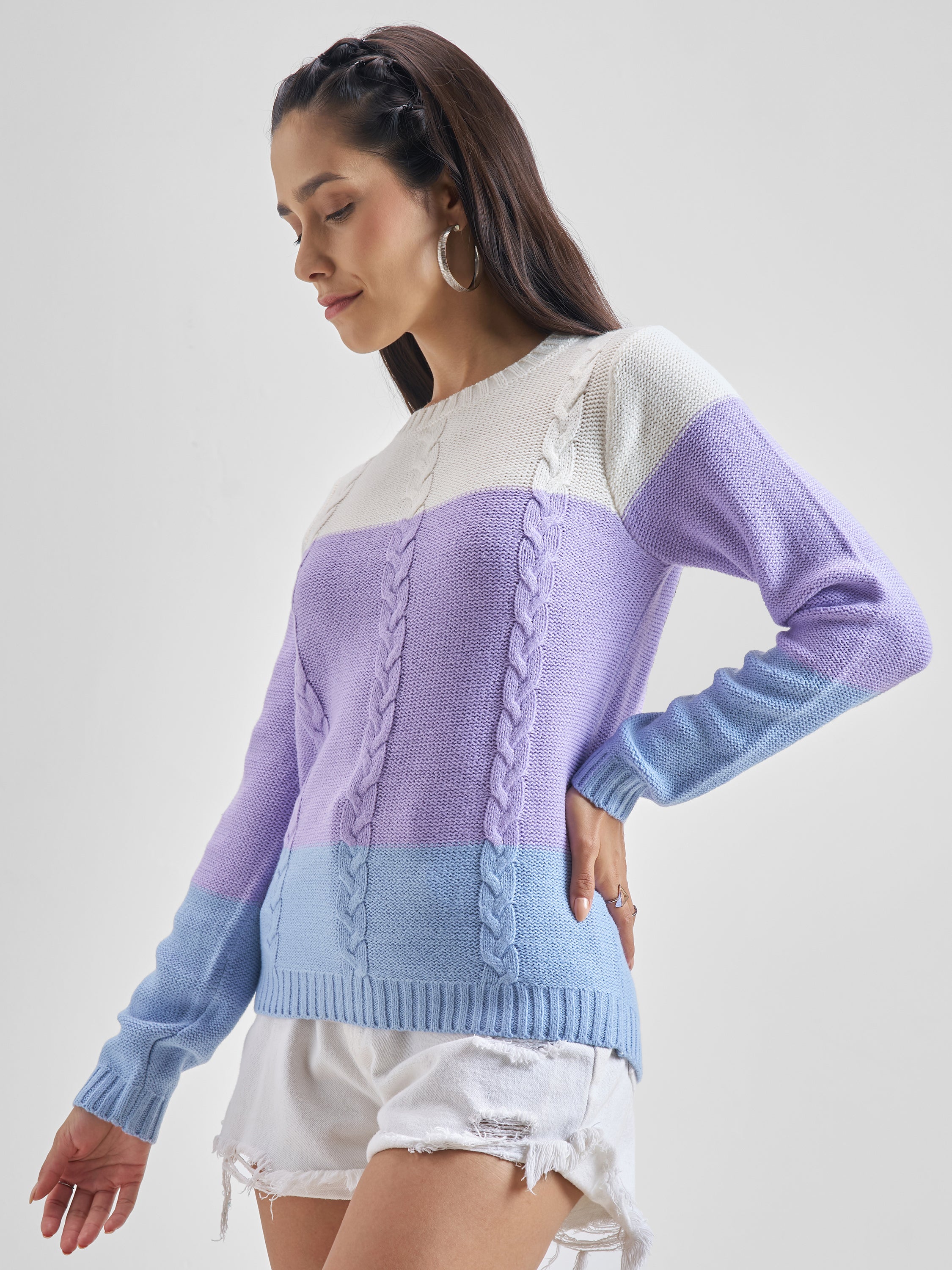 Tokyo Talkies Women Lavender Round Neck Sweater - Lavender - Image 4