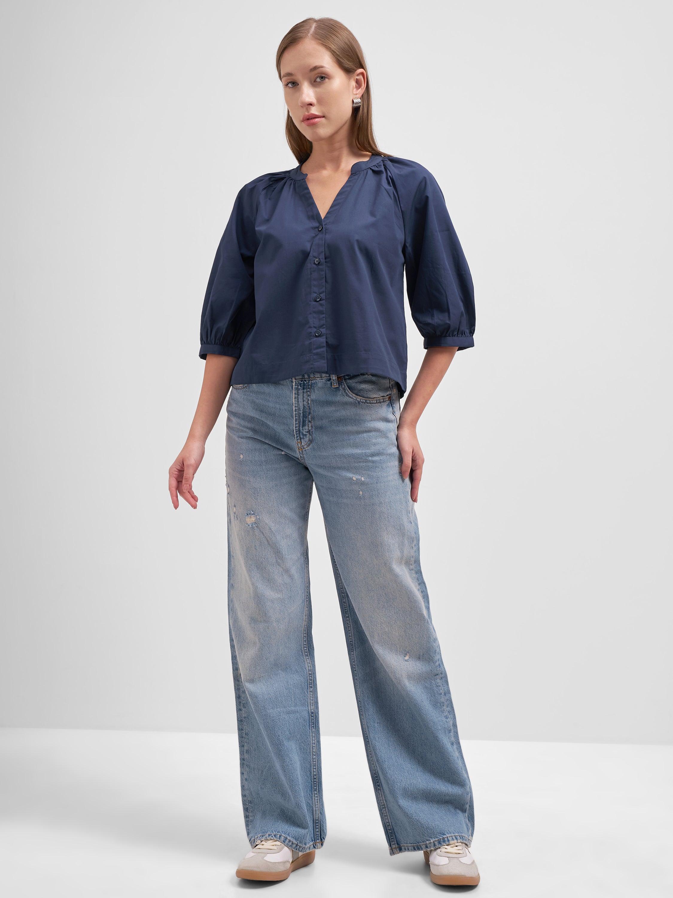 Tokyo Talkies Women Navy Blue Solid Regular Top