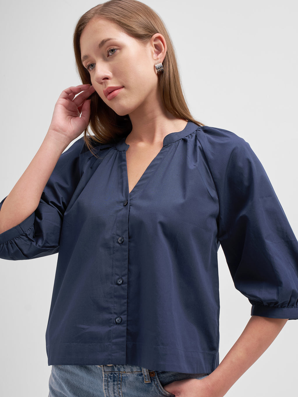 Tokyo Talkies Women Navy Blue Solid Regular Top