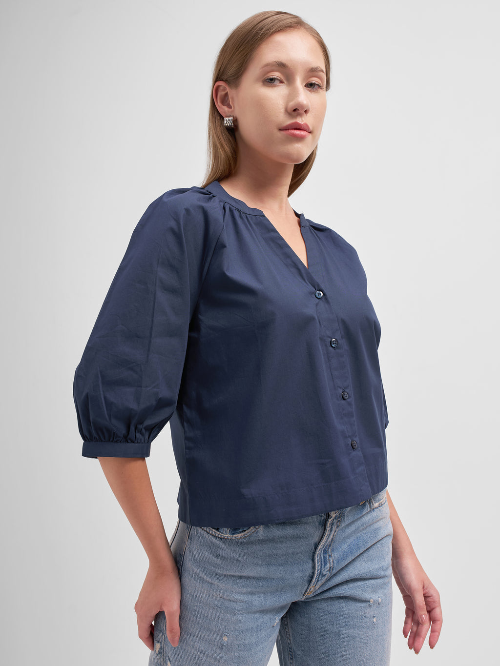 Tokyo Talkies Women Navy Blue Solid Regular Top
