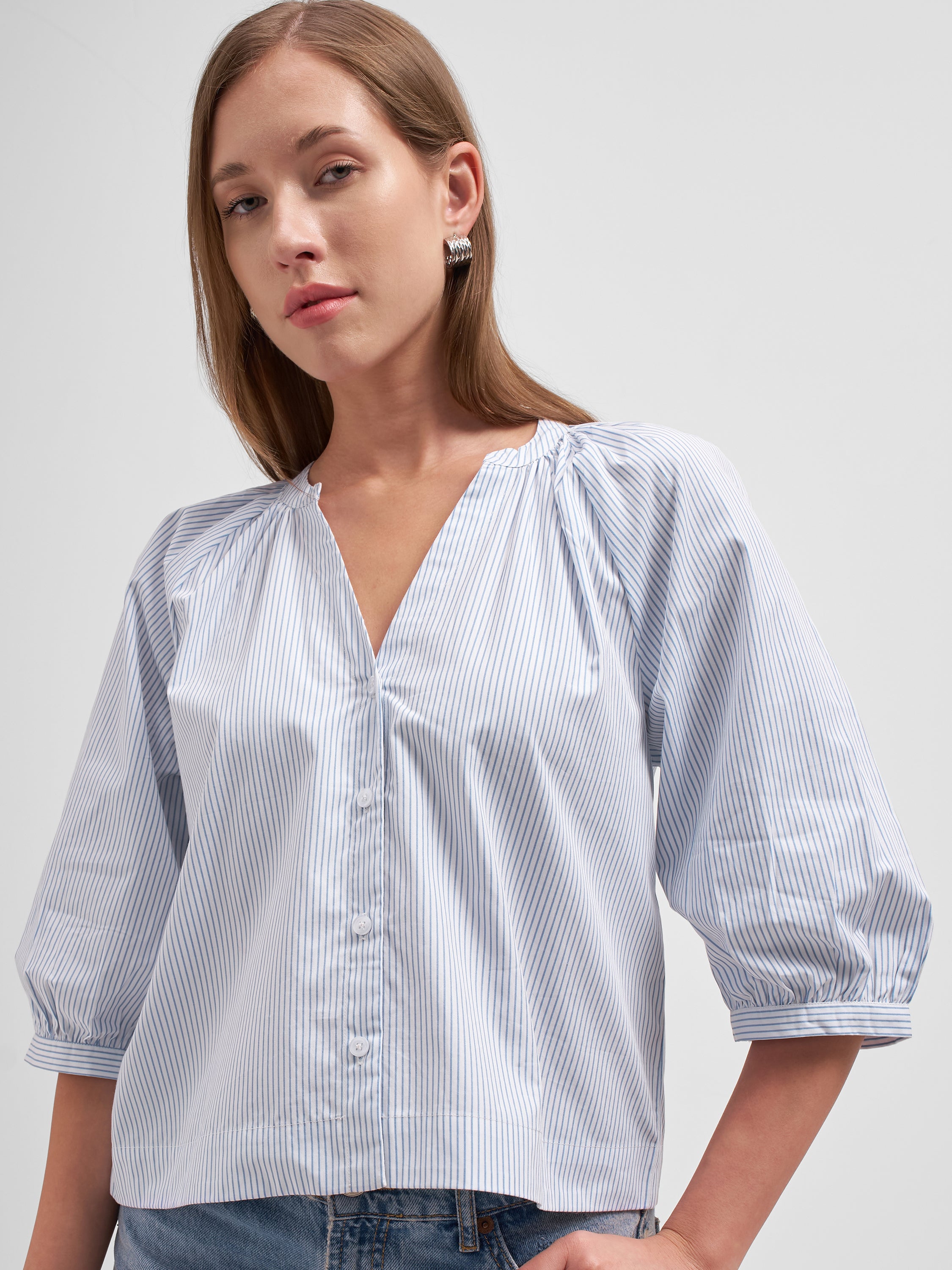 Tokyo Talkies Women White Striped Regular Top
