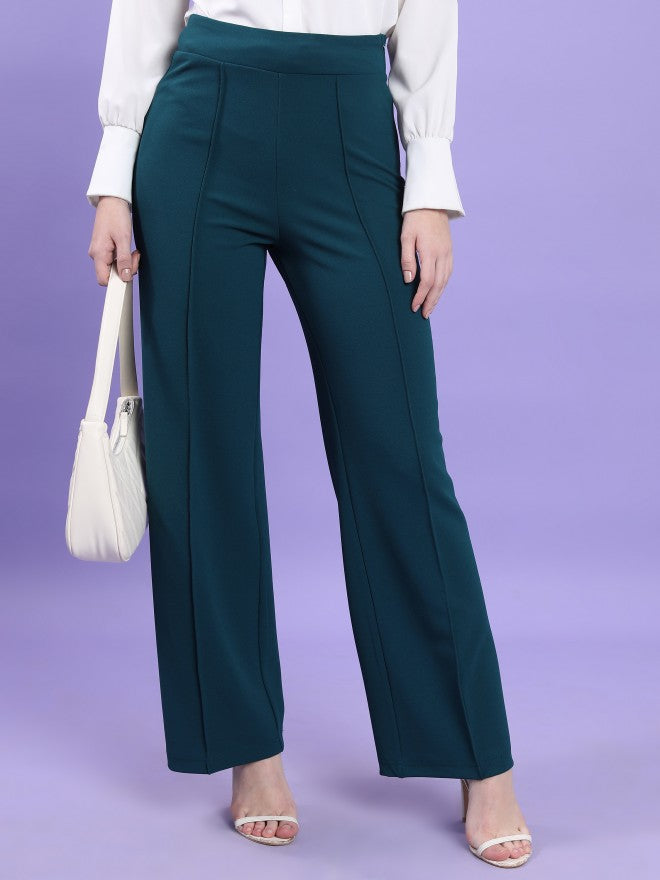 Tokyo Talkies Women Teal Solid Flared Casual Trouser - Teal - Image 1