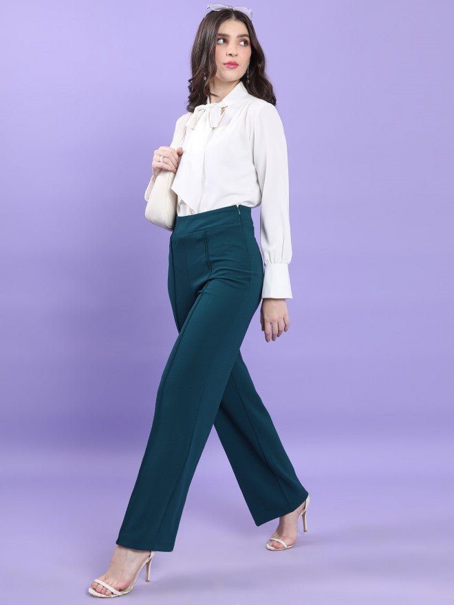 Tokyo Talkies Women Teal Solid Flared Casual Trouser - Teal - Image 2