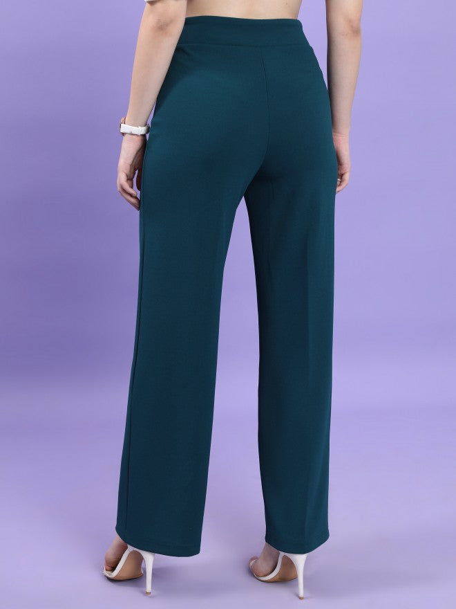 Tokyo Talkies Women Teal Solid Flared Casual Trouser - Teal - Image 3
