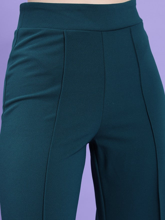Tokyo Talkies Women Teal Solid Flared Casual Trouser - Teal - Image 5