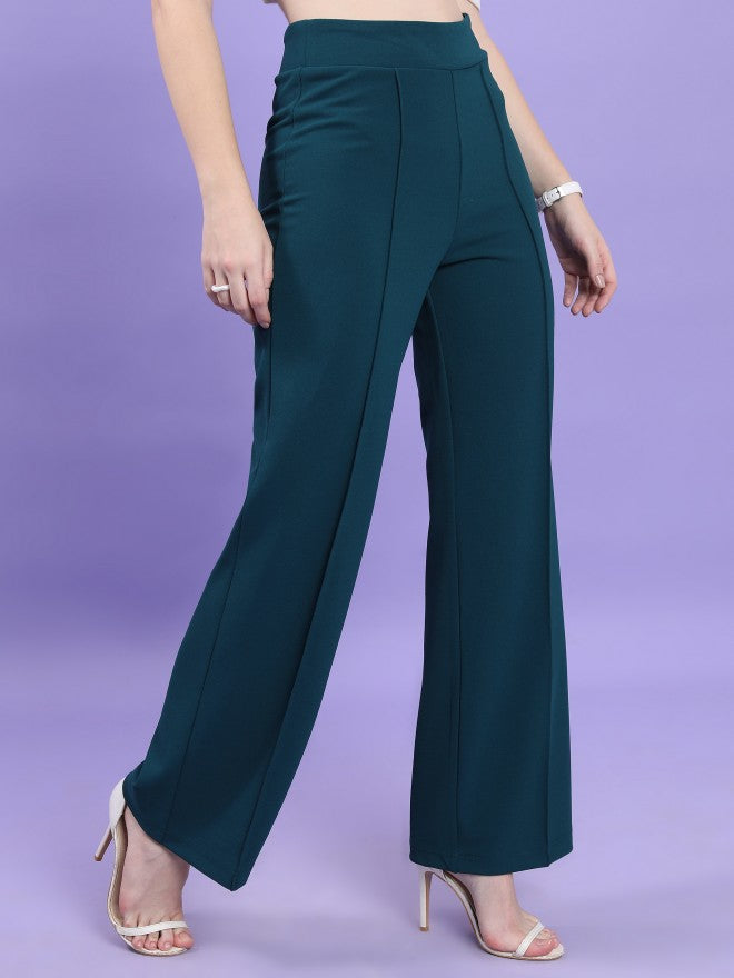 Tokyo Talkies Women Teal Solid Flared Casual Trouser - Teal - Image 6