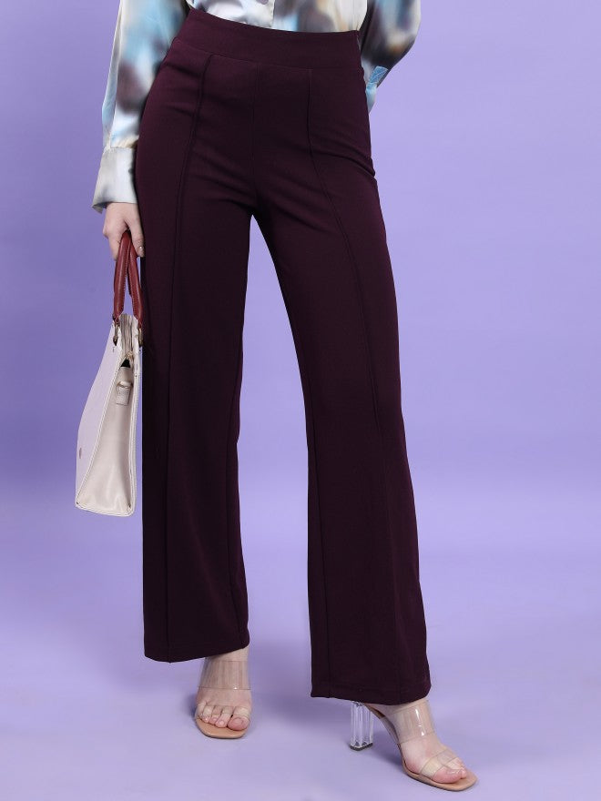 Tokyo Talkies Women Plum Flared Solid Casual Trouser - Purple - Image 1